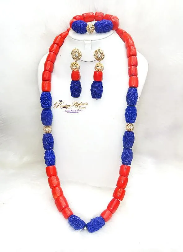 Coral Mixed with Blue carved coral Beads African Nigerian Embelished Necklace Jewellery Set Great as Gift