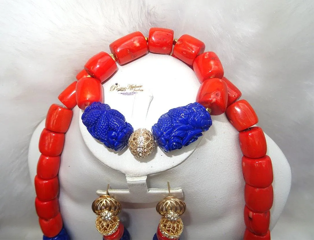 Coral Mixed with Blue carved coral Beads African Nigerian Embelished Necklace Jewellery Set Great as Gift