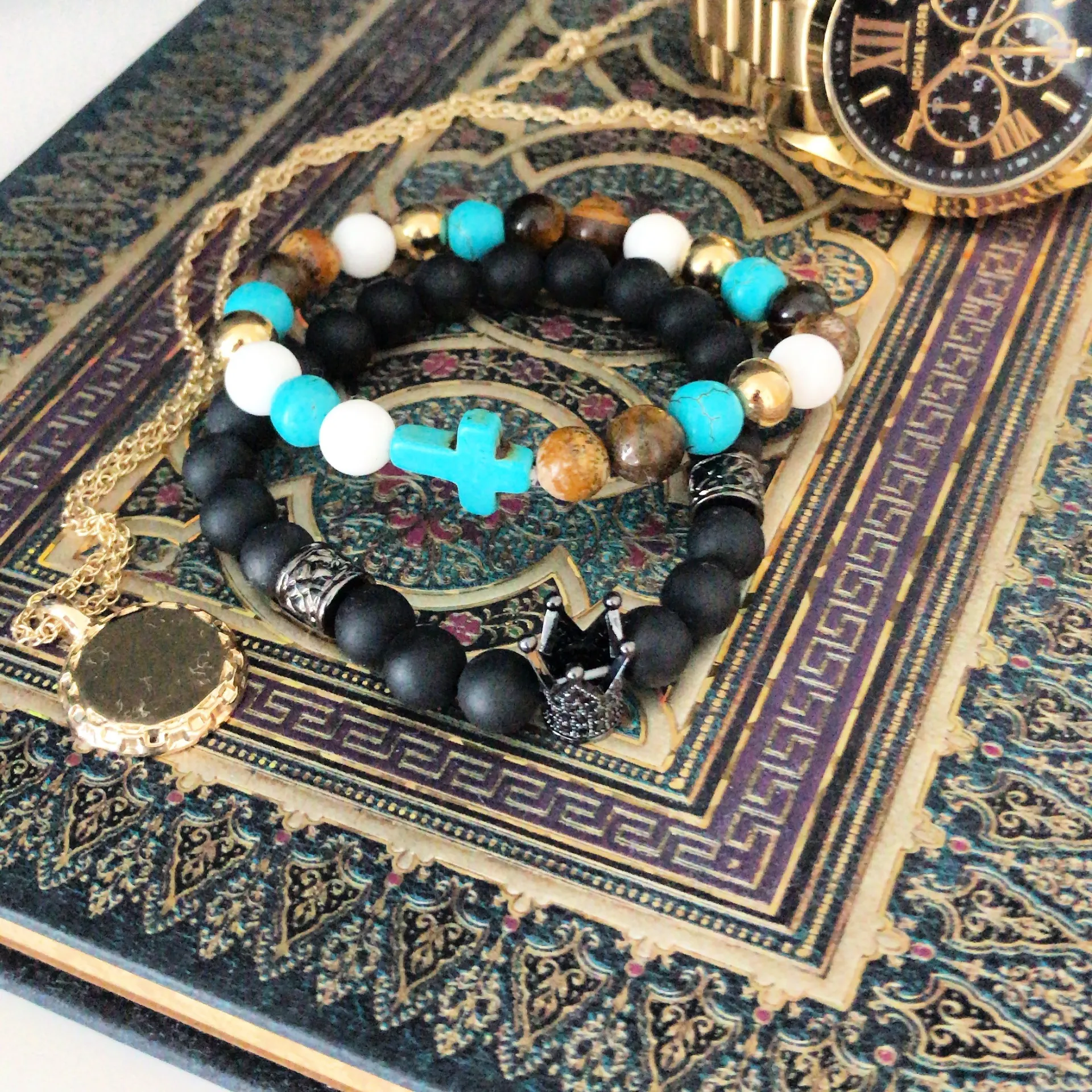 Crown Ingot / Grey Agate Gemstone Bracelet - Protection & Harmony | Unisex Boho Jewelry