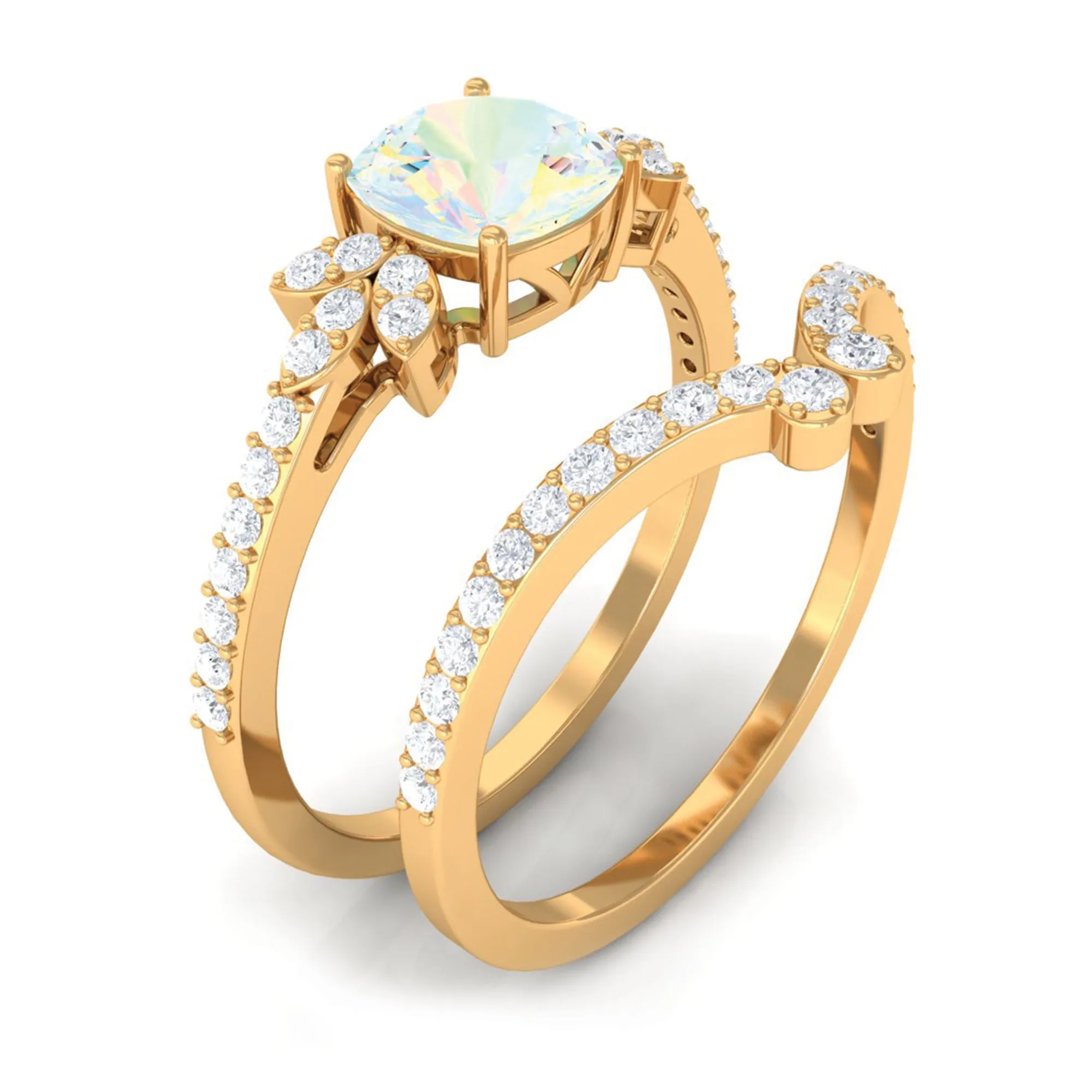 Cushion Cut Ethiopian Opal and Diamond Bridal Ring Set