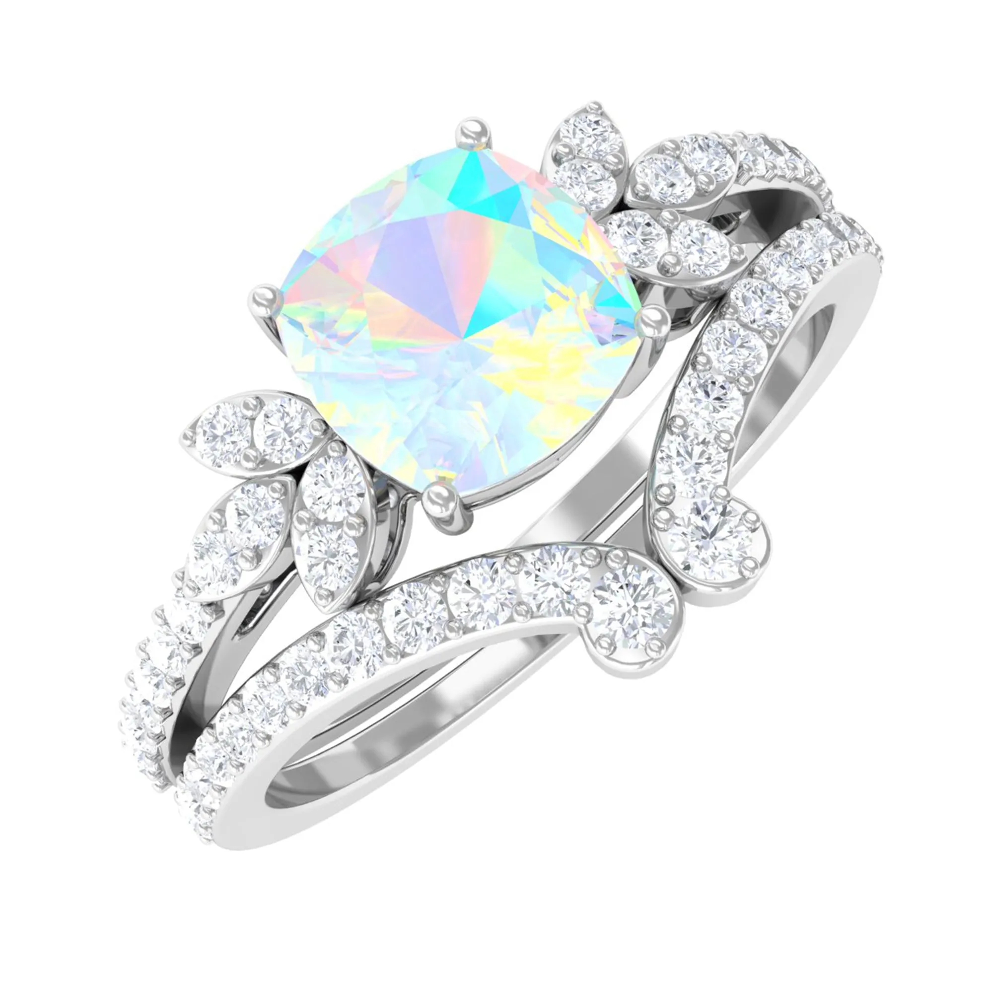 Cushion Cut Ethiopian Opal and Diamond Bridal Ring Set