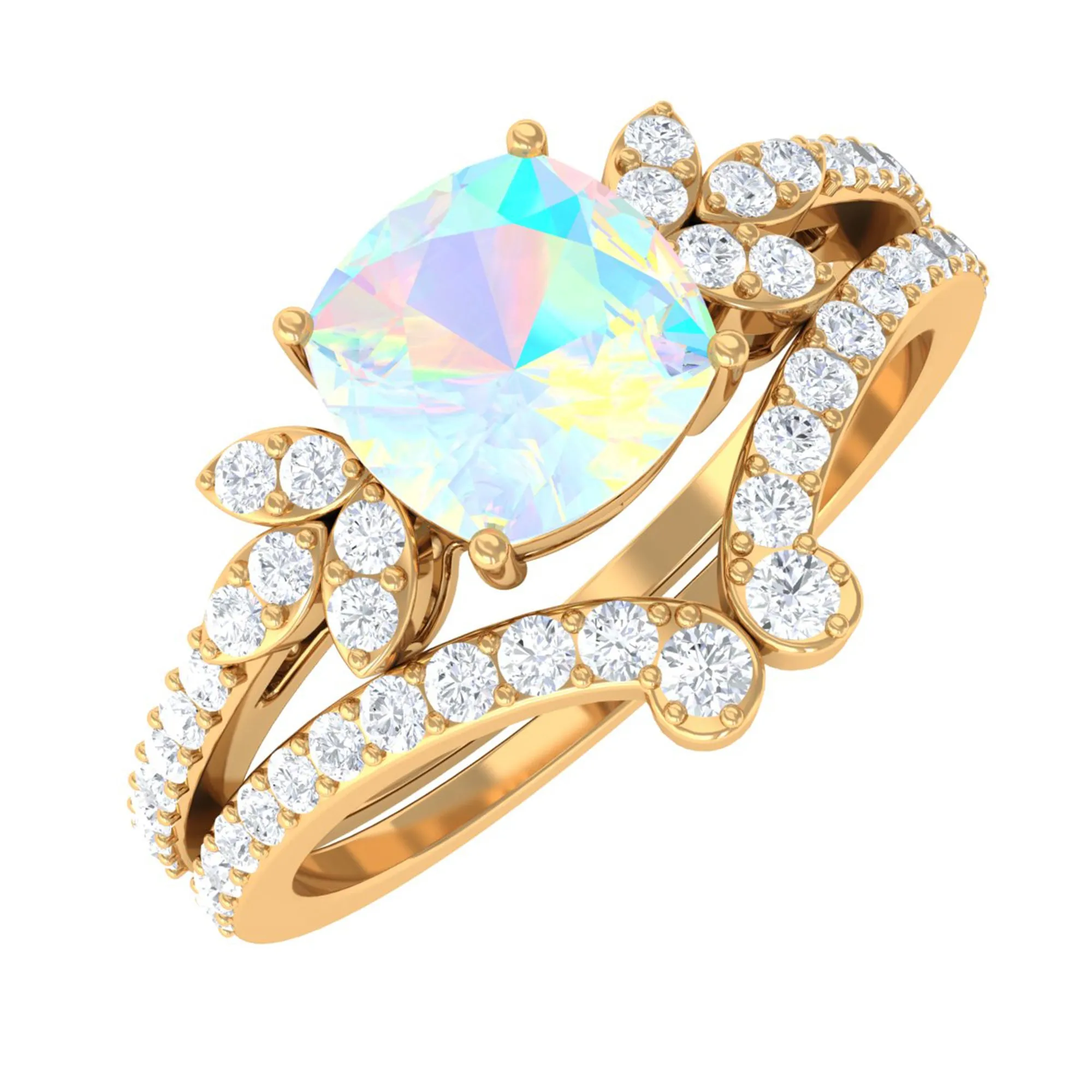 Cushion Cut Ethiopian Opal and Diamond Bridal Ring Set