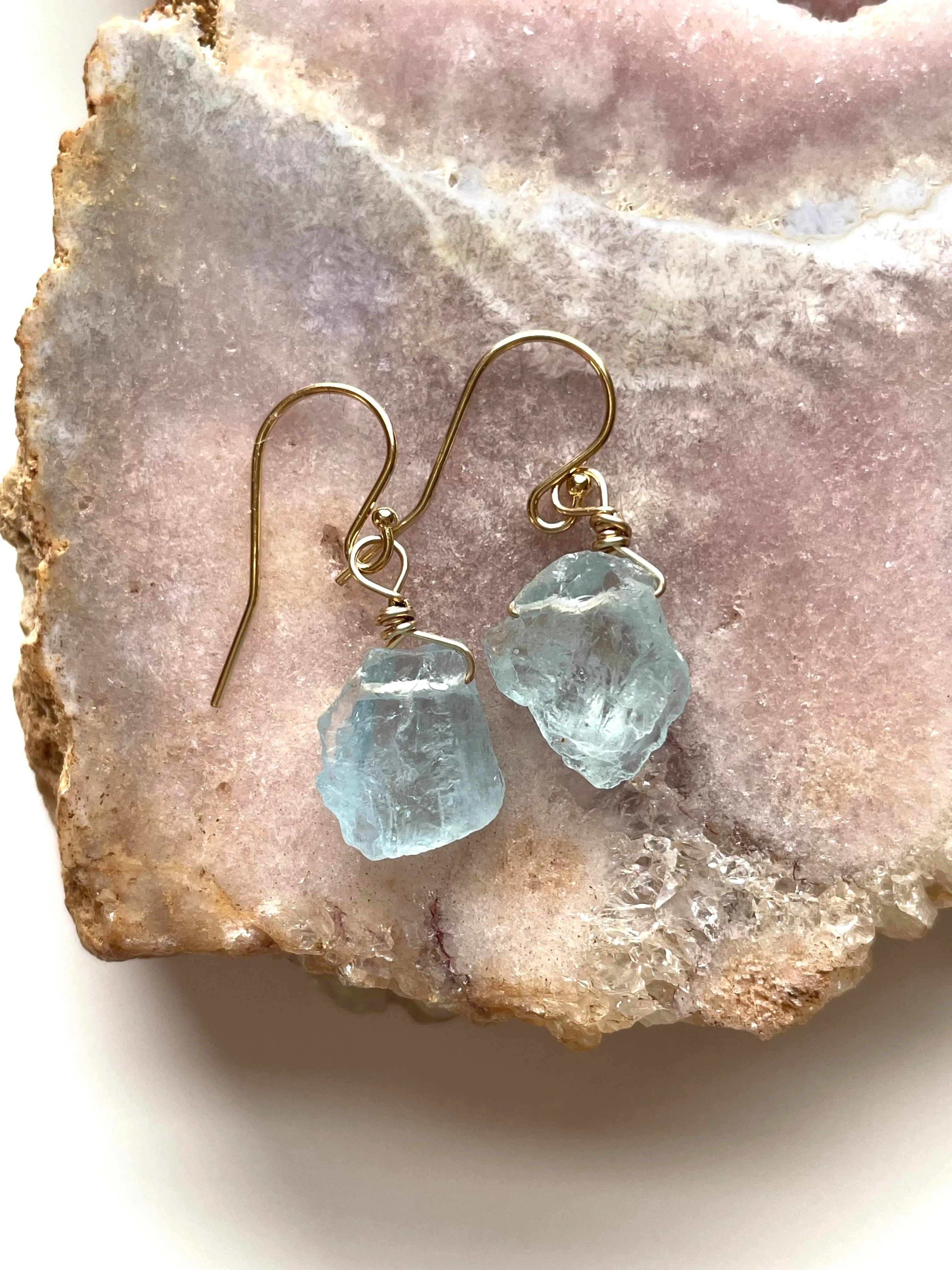 Dainty Raw Natural Aquamarine Earrings Gold Filled or Sterling Silver