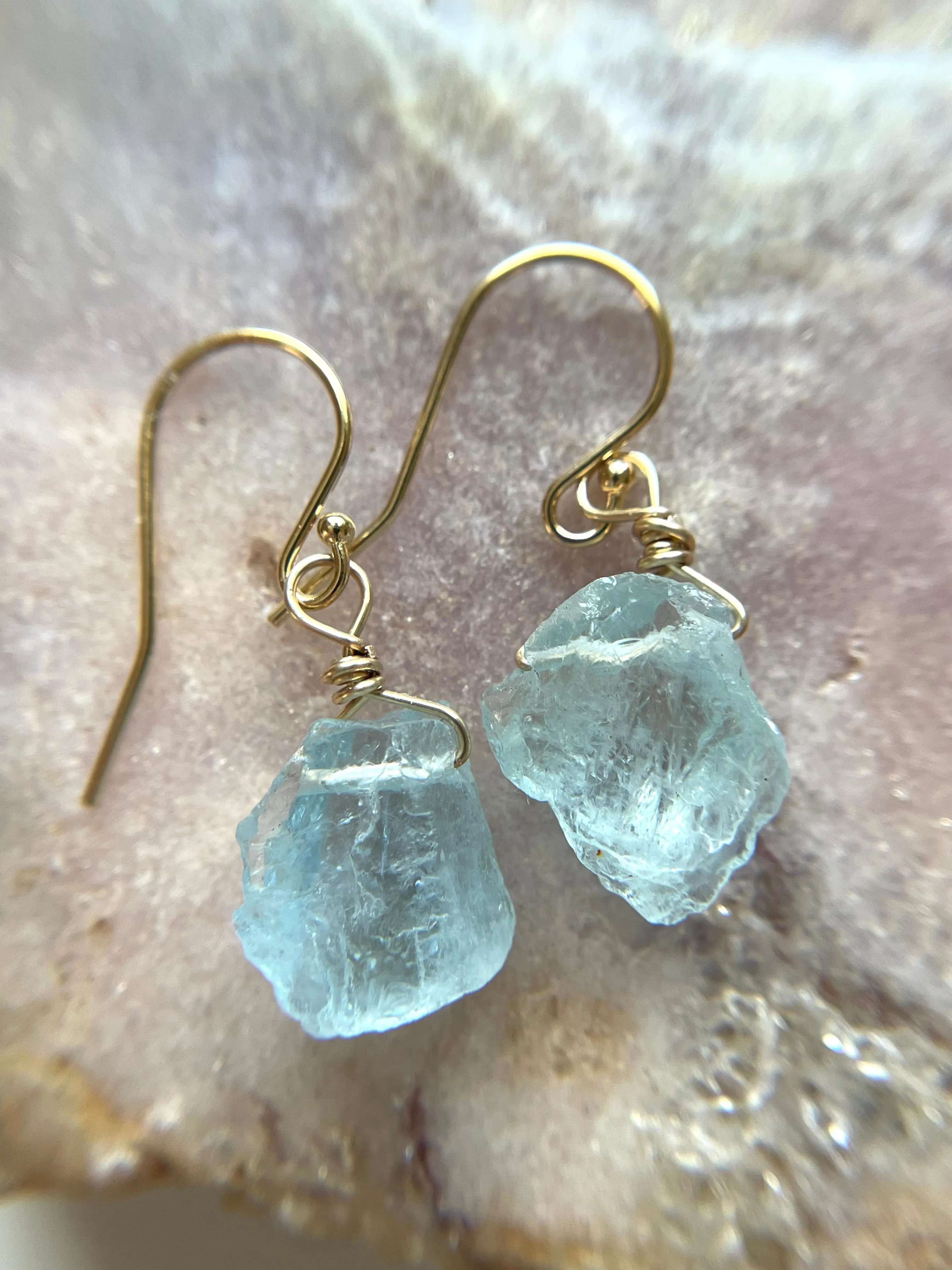 Dainty Raw Natural Aquamarine Earrings Gold Filled or Sterling Silver