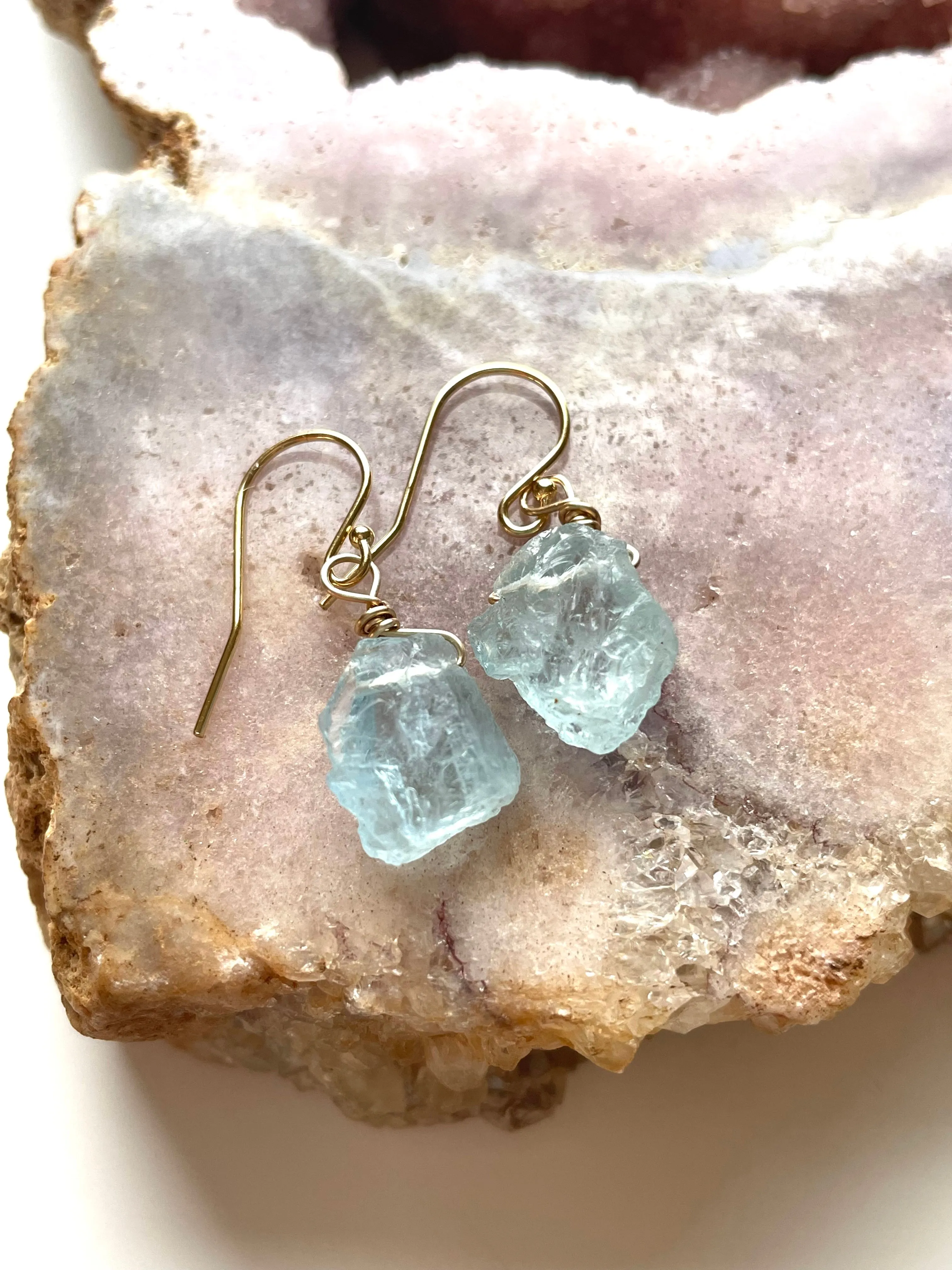 Dainty Raw Natural Aquamarine Earrings Gold Filled or Sterling Silver