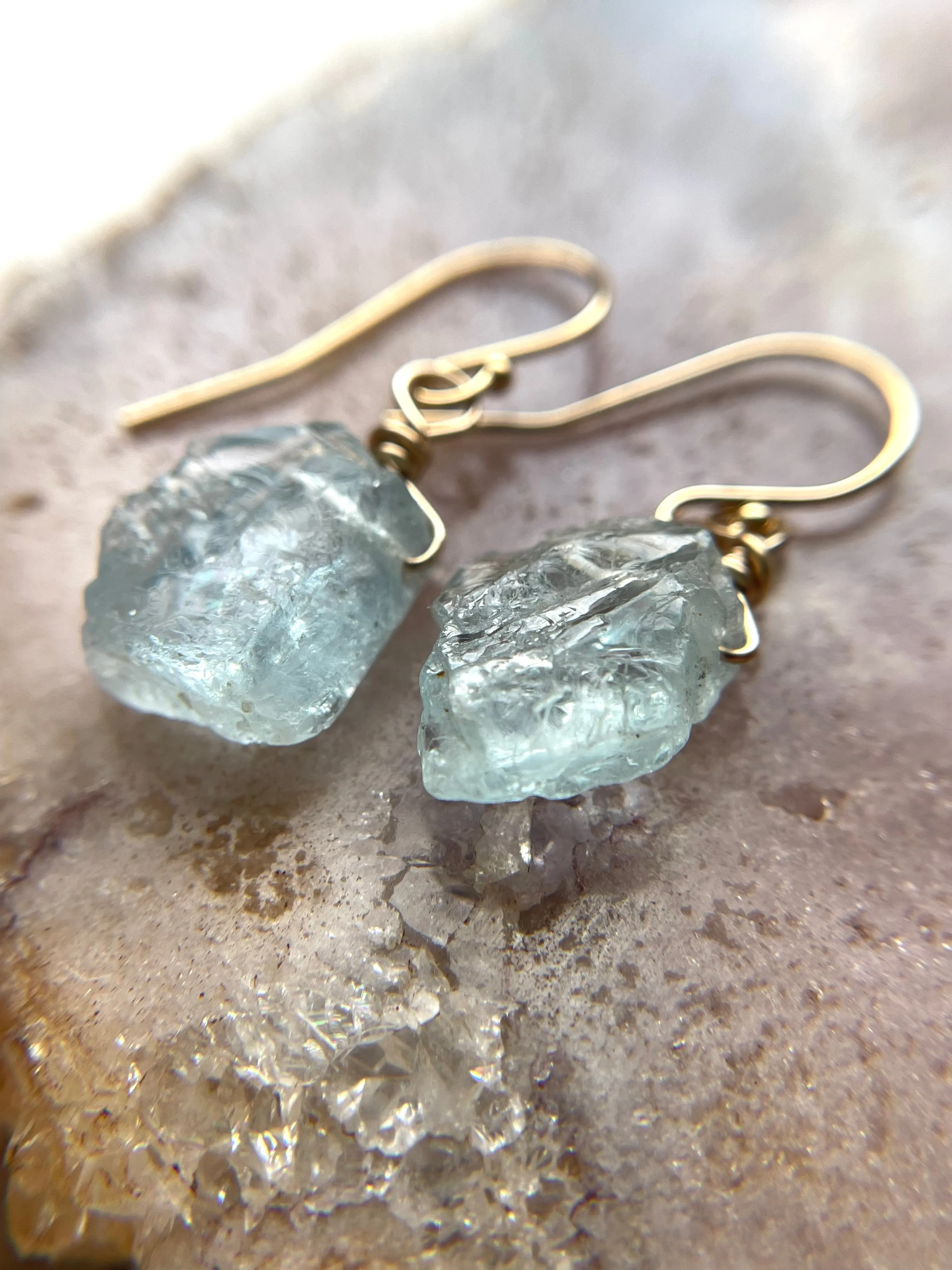 Dainty Raw Natural Aquamarine Earrings Gold Filled or Sterling Silver