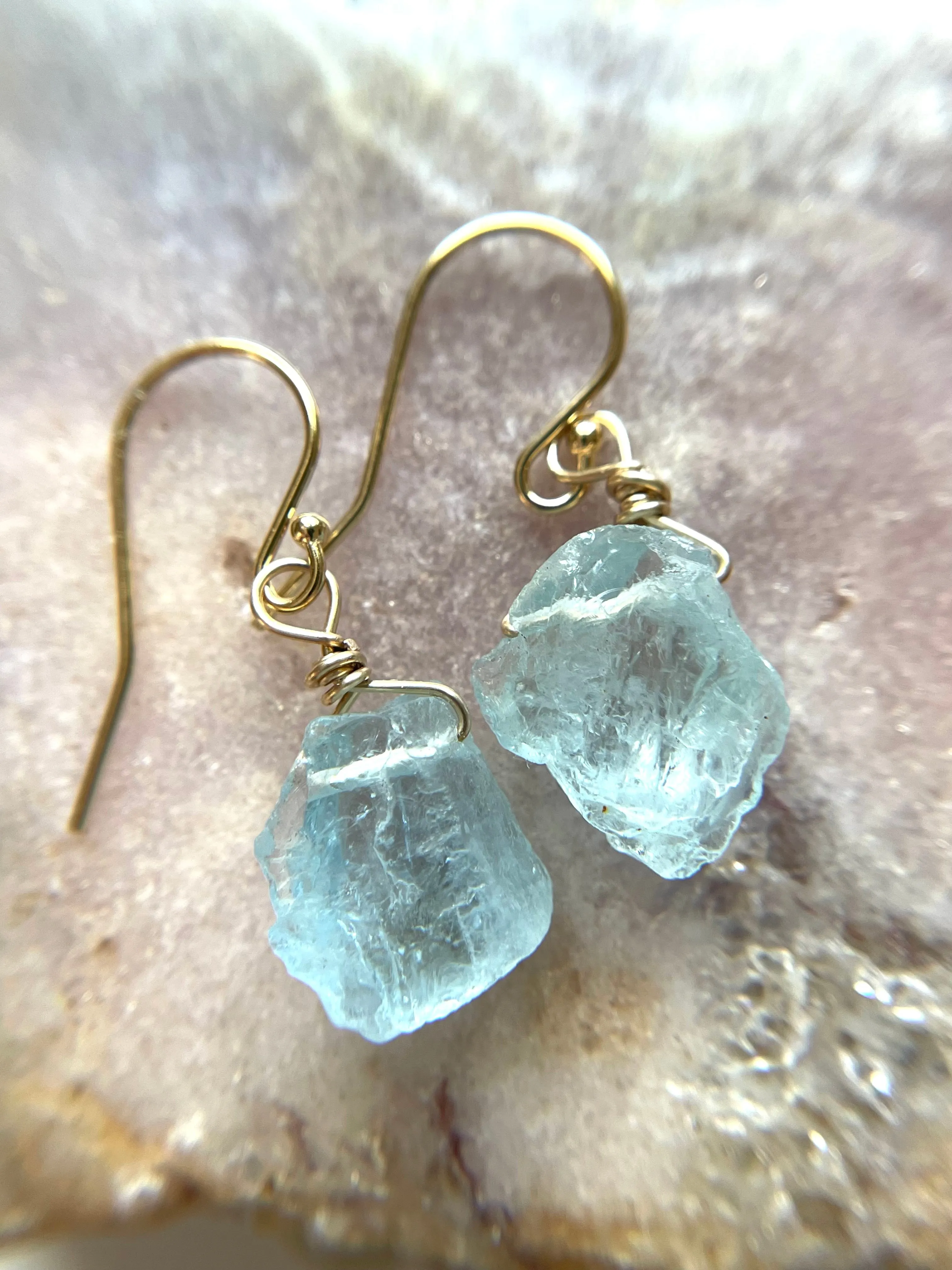 Dainty Raw Natural Aquamarine Earrings Gold Filled or Sterling Silver