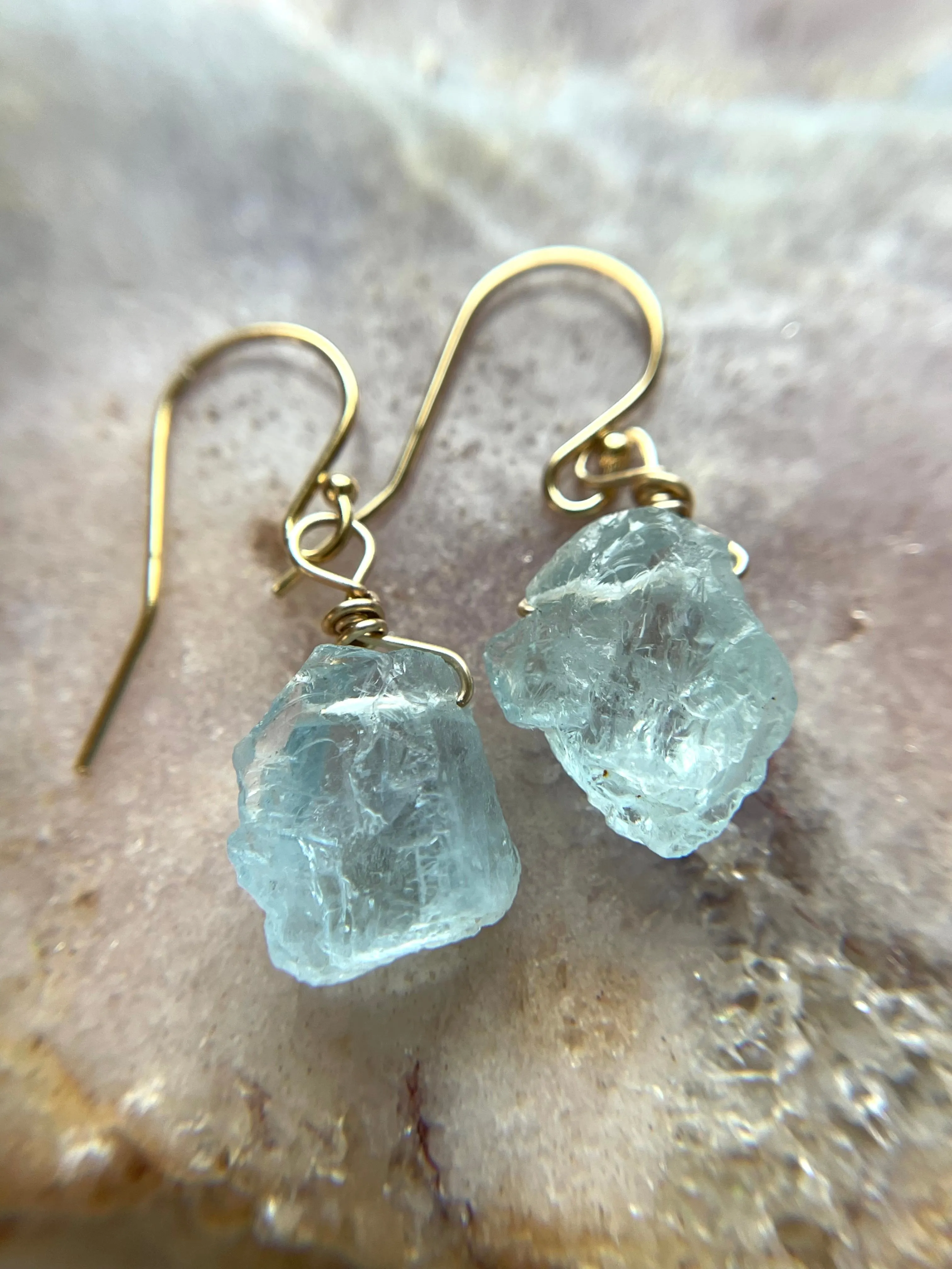 Dainty Raw Natural Aquamarine Earrings Gold Filled or Sterling Silver