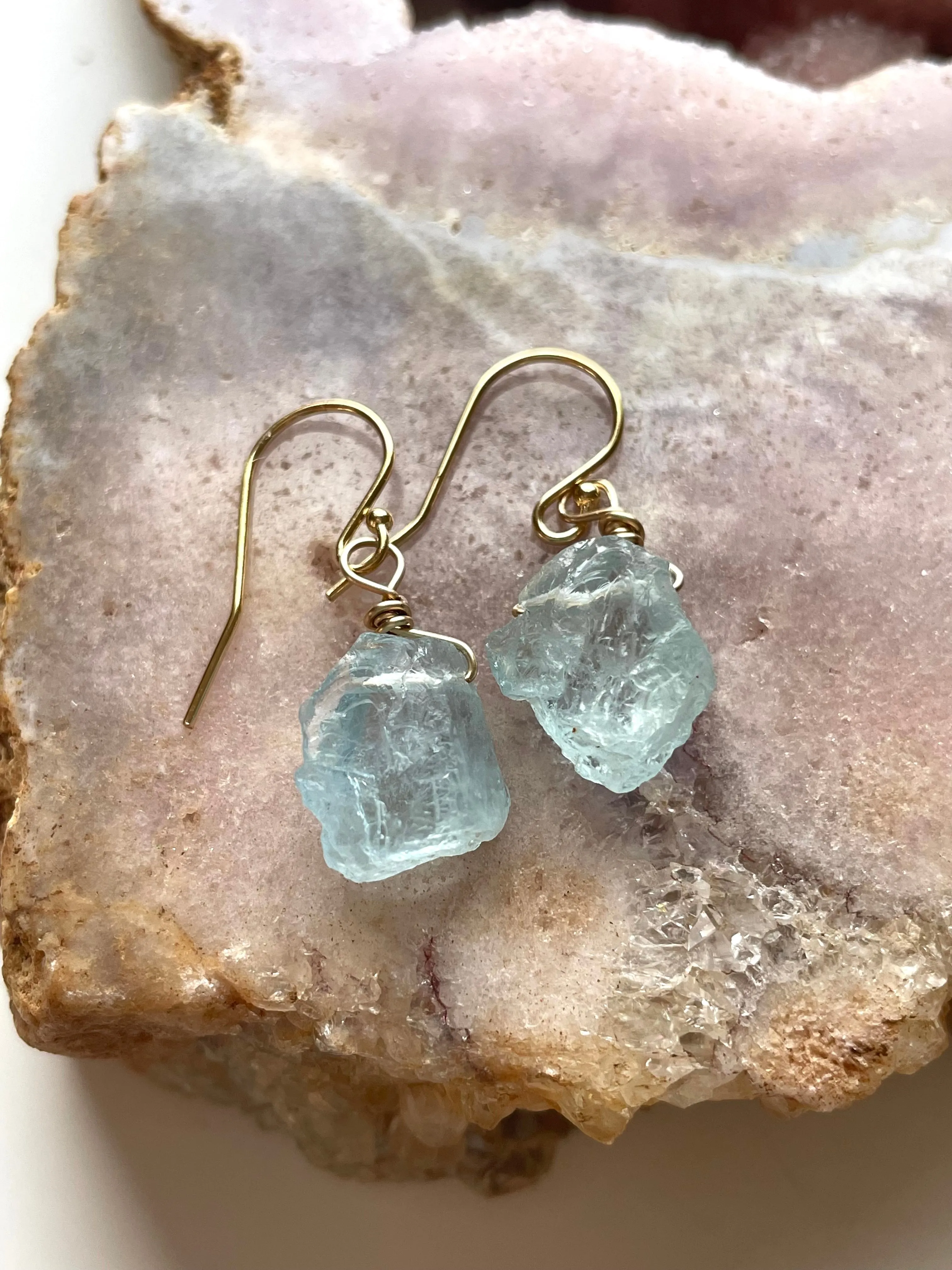 Dainty Raw Natural Aquamarine Earrings Gold Filled or Sterling Silver