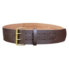 Double Prong Celtic Twist Embossed Brown Leather Kilt Belt