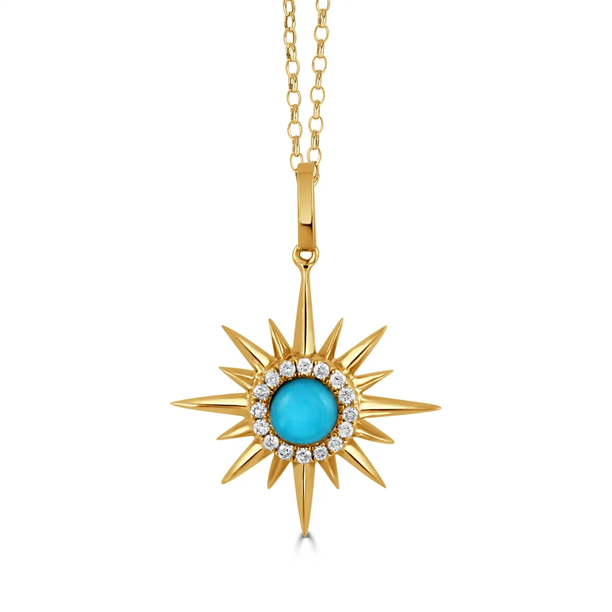 Doves 18K Yellow Gold Clear Quartz over Turquoise and Diamond Sunburst Pendant