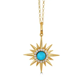 Doves 18K Yellow Gold Clear Quartz over Turquoise and Diamond Sunburst Pendant