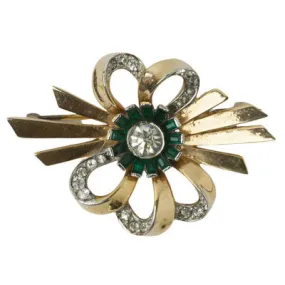 Emerald, Diamanté & Gold Bow Brooch by Mazer Bros.