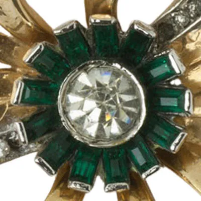 Emerald, Diamanté & Gold Bow Brooch by Mazer Bros.