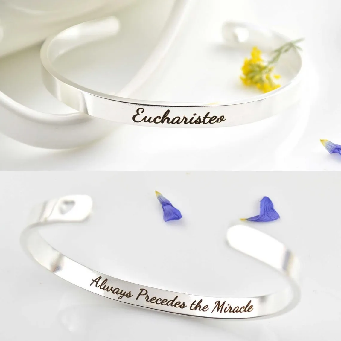 Eucharisteo - Gratitude / Give Thanks Cuff, Christian Cuff Bracelet, Stainless Steel Hypoallergenic Cuff, Christian Gifts Uplifting Bracelet