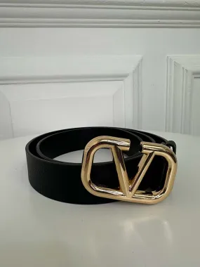 Faux Leather V Logo Belt - Black