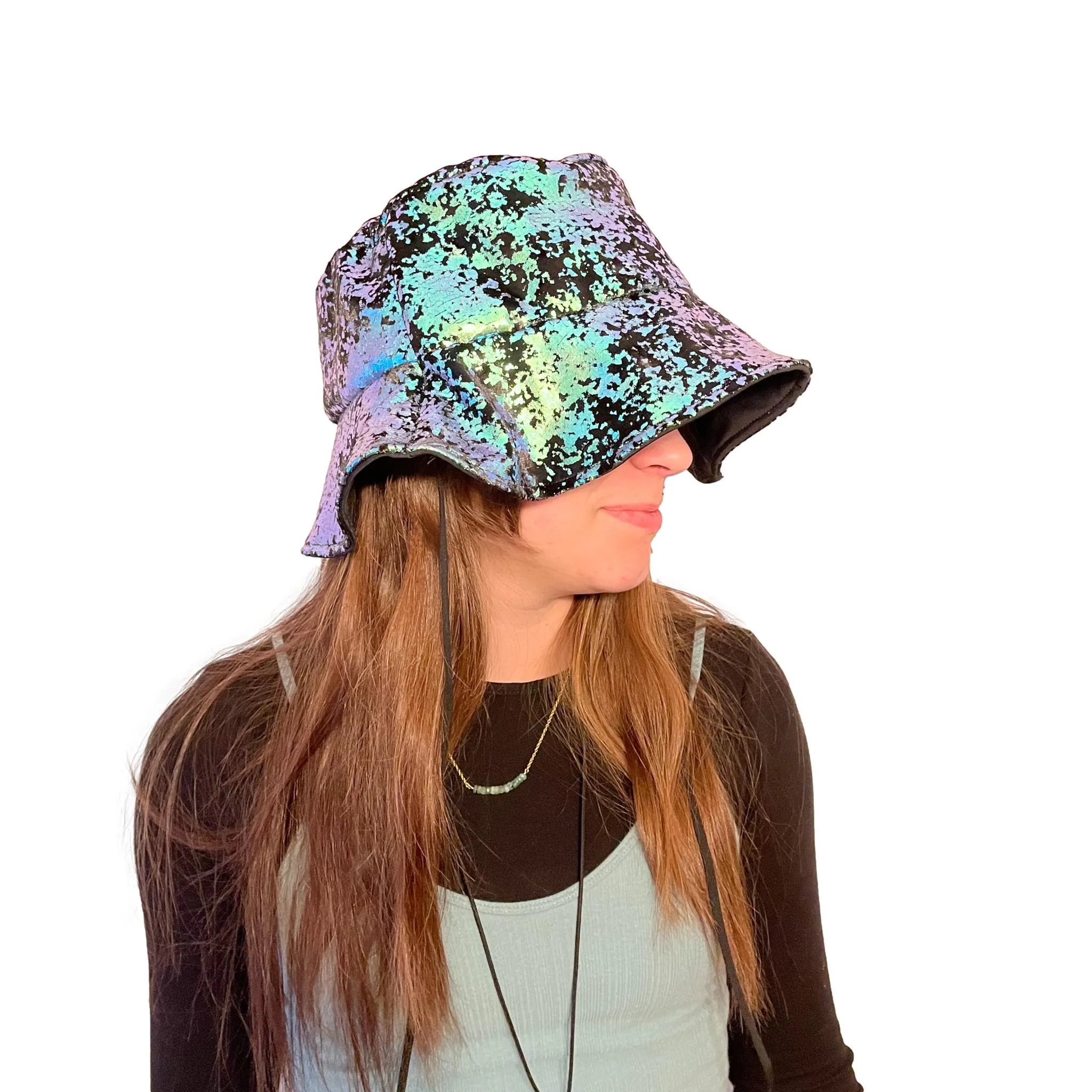 Floppy Bucket Hat *Green on Black Gilded Metallic Velvet* Festival Sun Hat, Summer Rave Hat