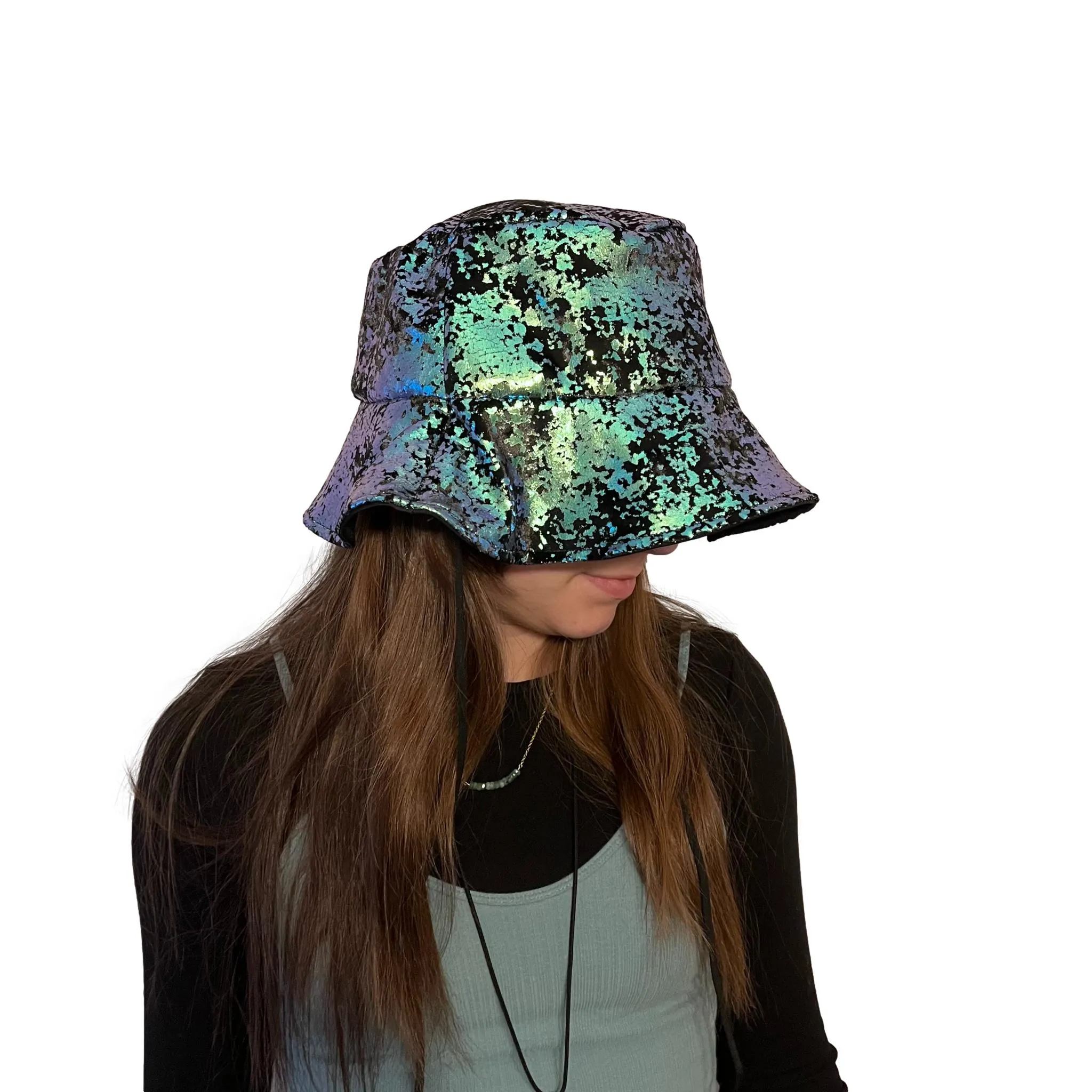 Floppy Bucket Hat *Green on Black Gilded Metallic Velvet* Festival Sun Hat, Summer Rave Hat