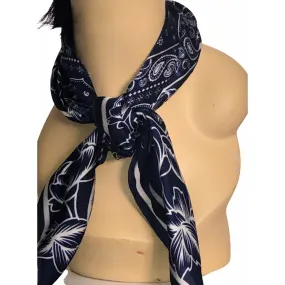 Flower Necktie Poly Silk Scarf - Navy