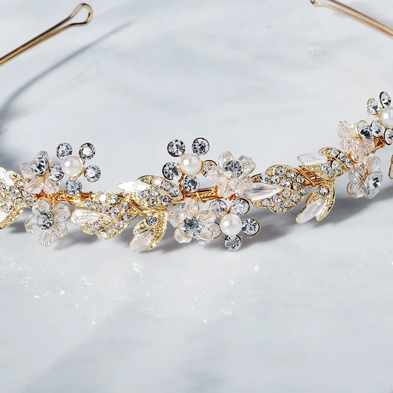 Flower Wedding Crown Tiara Crystal Pearl Bridal Wedding Headband