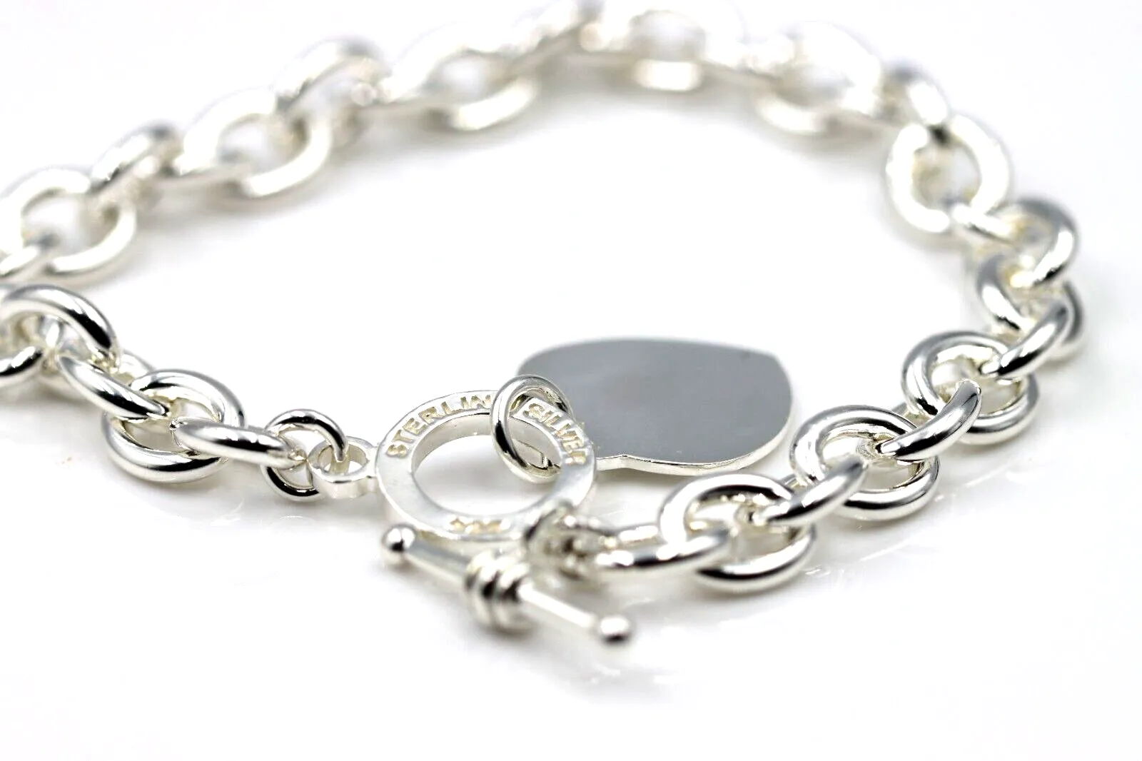 Genuine 925 Sterling Silver Cable Bracelet with T Bar and Heart