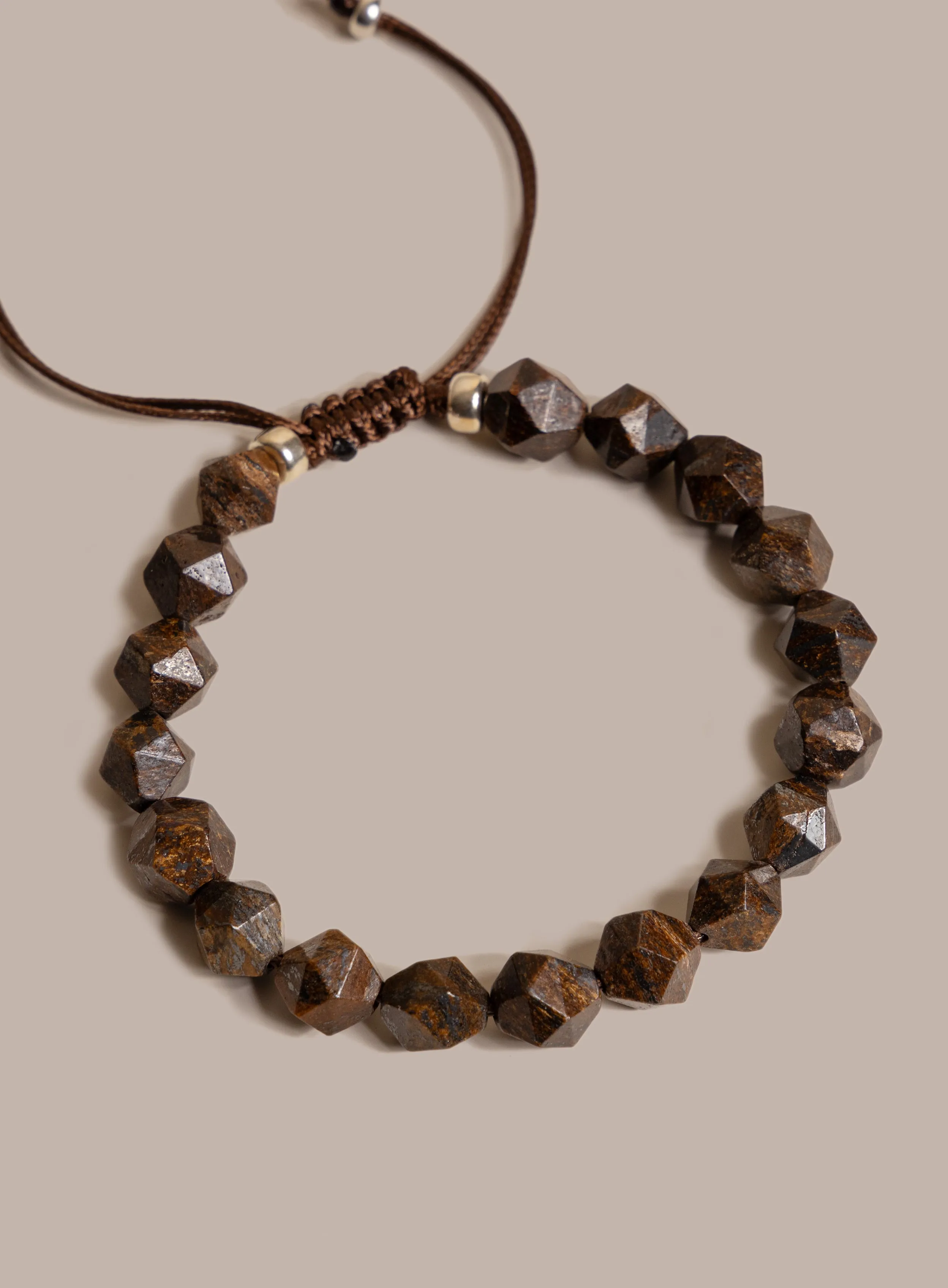 Geometric Bronzite and Sterling Silver Bead Bracelet for Men
