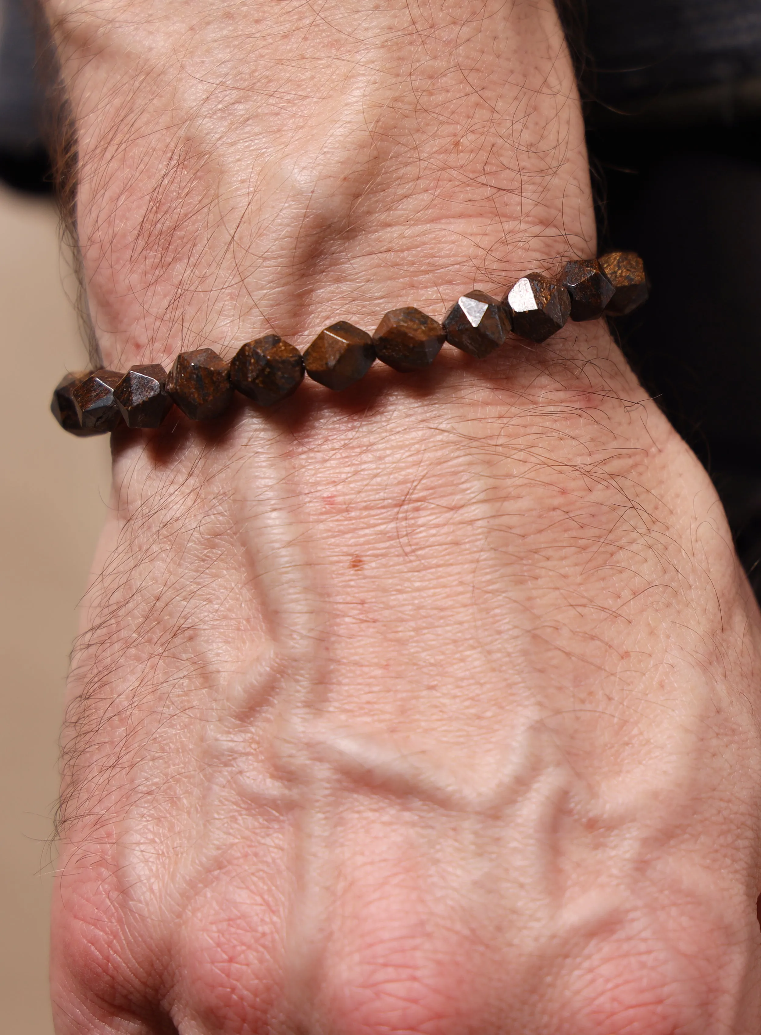 Geometric Bronzite and Sterling Silver Bead Bracelet for Men