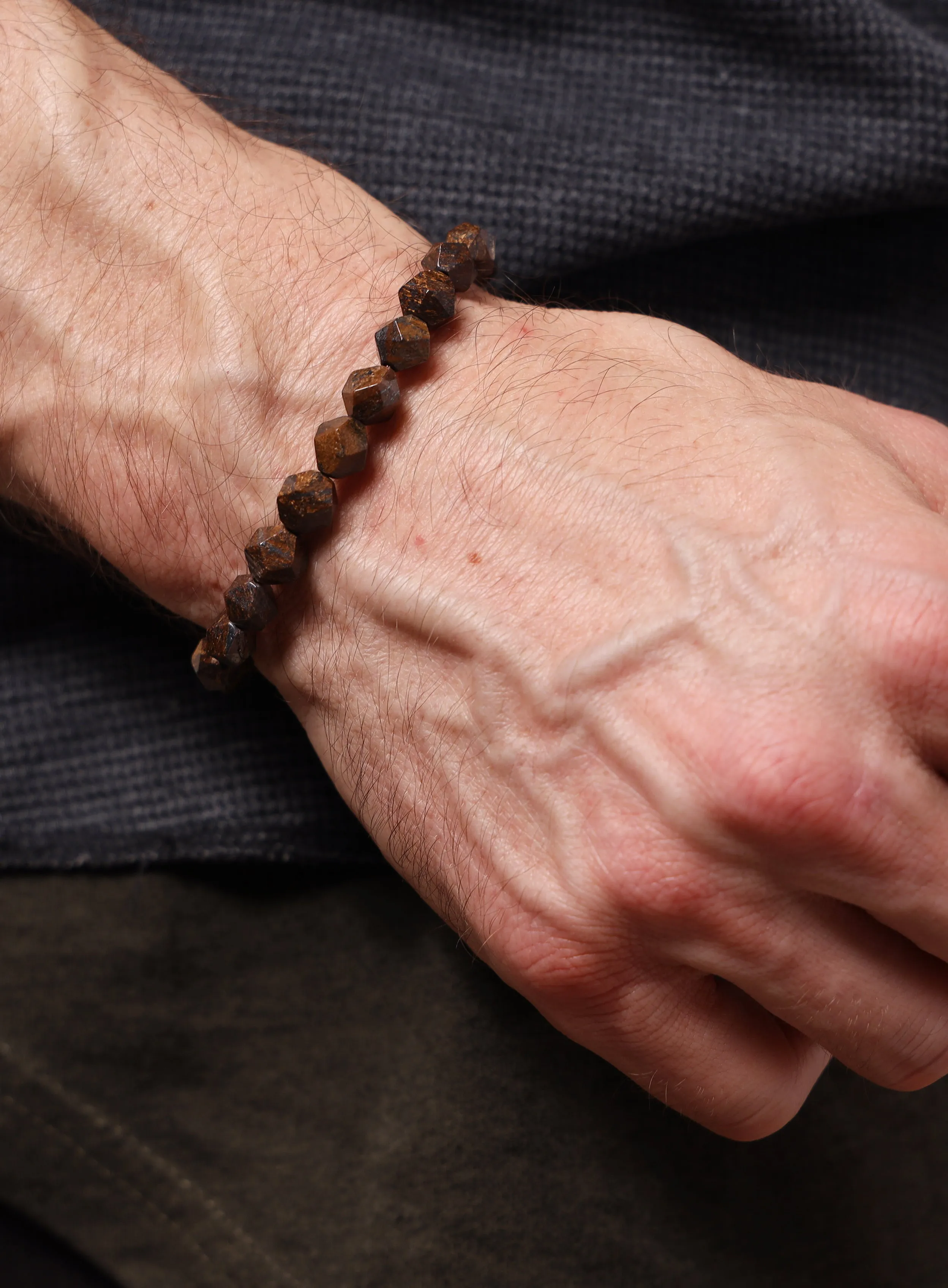 Geometric Bronzite and Sterling Silver Bead Bracelet for Men