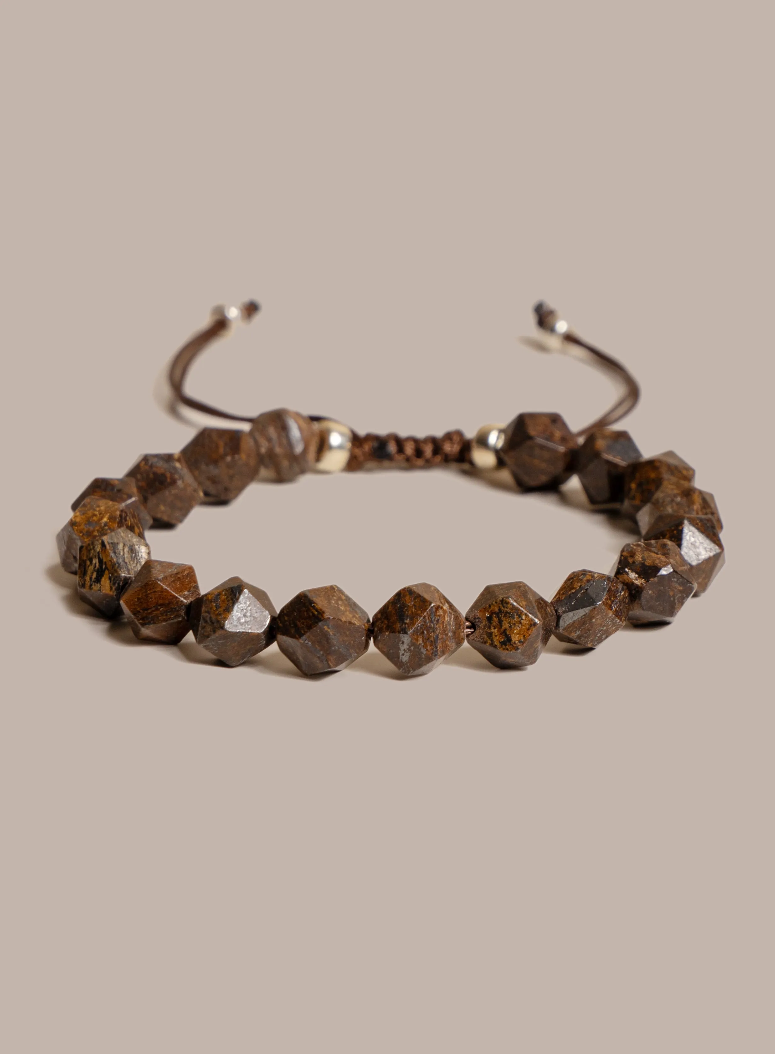 Geometric Bronzite and Sterling Silver Bead Bracelet for Men