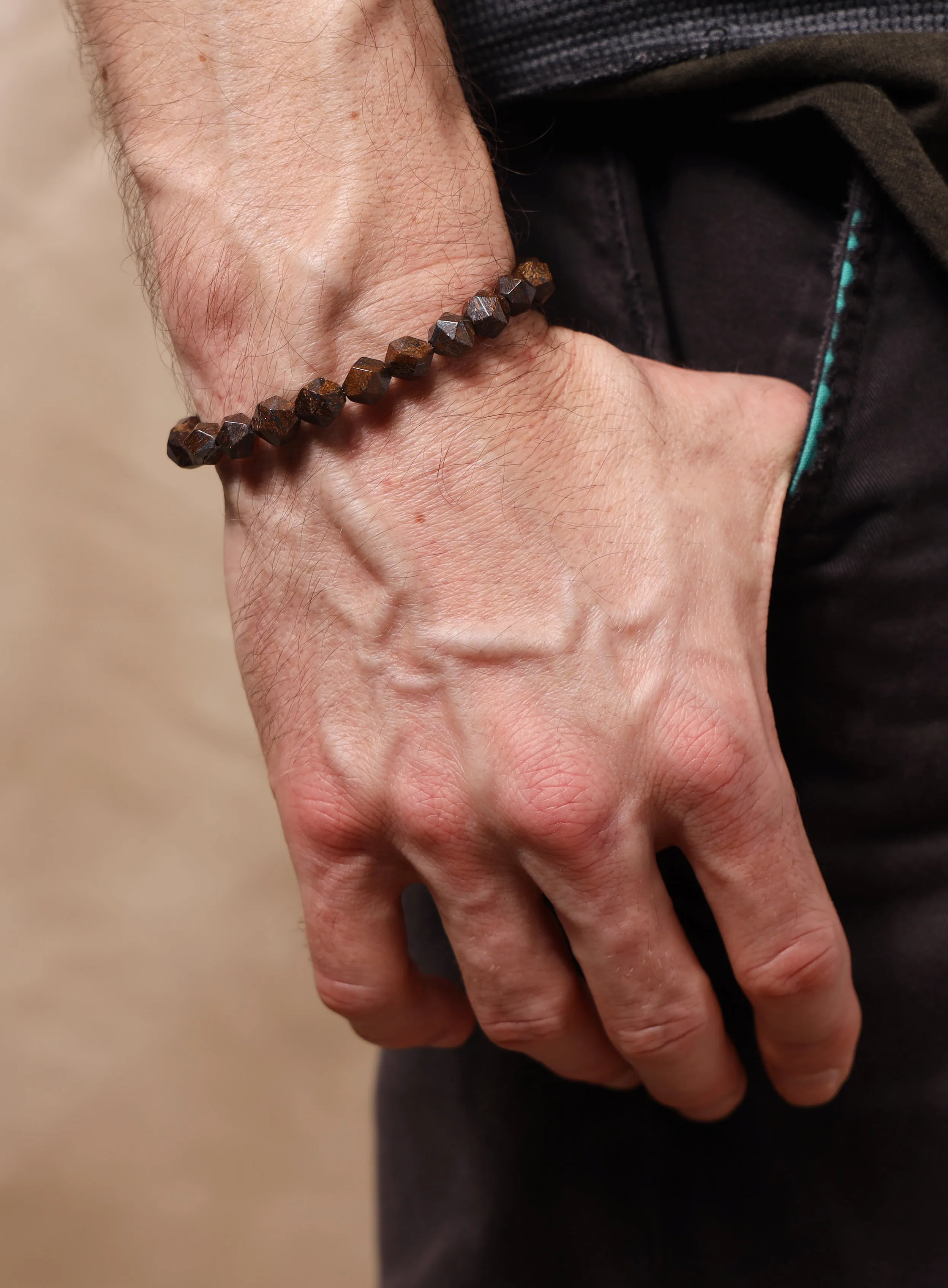 Geometric Bronzite and Sterling Silver Bead Bracelet for Men
