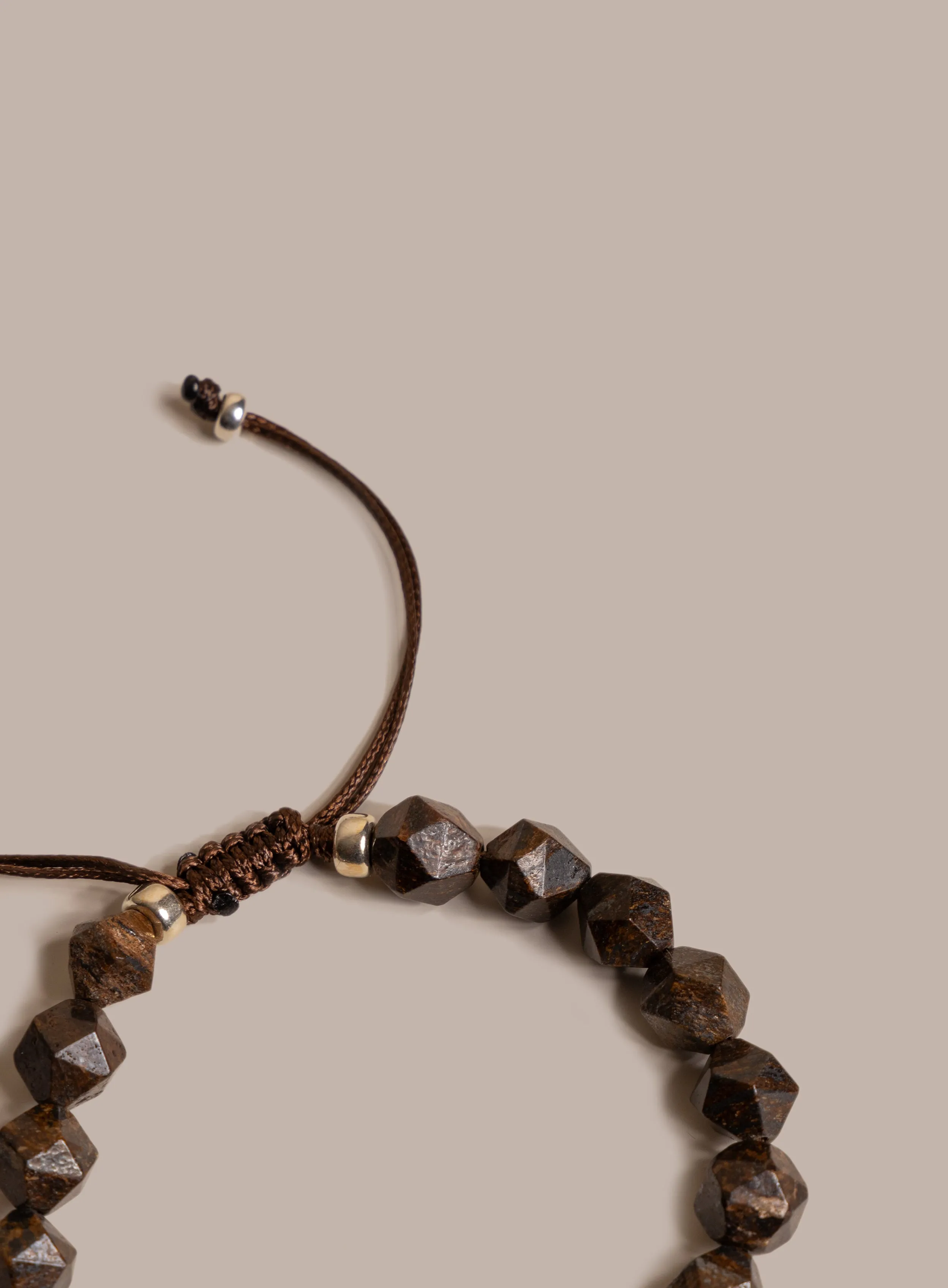 Geometric Bronzite and Sterling Silver Bead Bracelet for Men