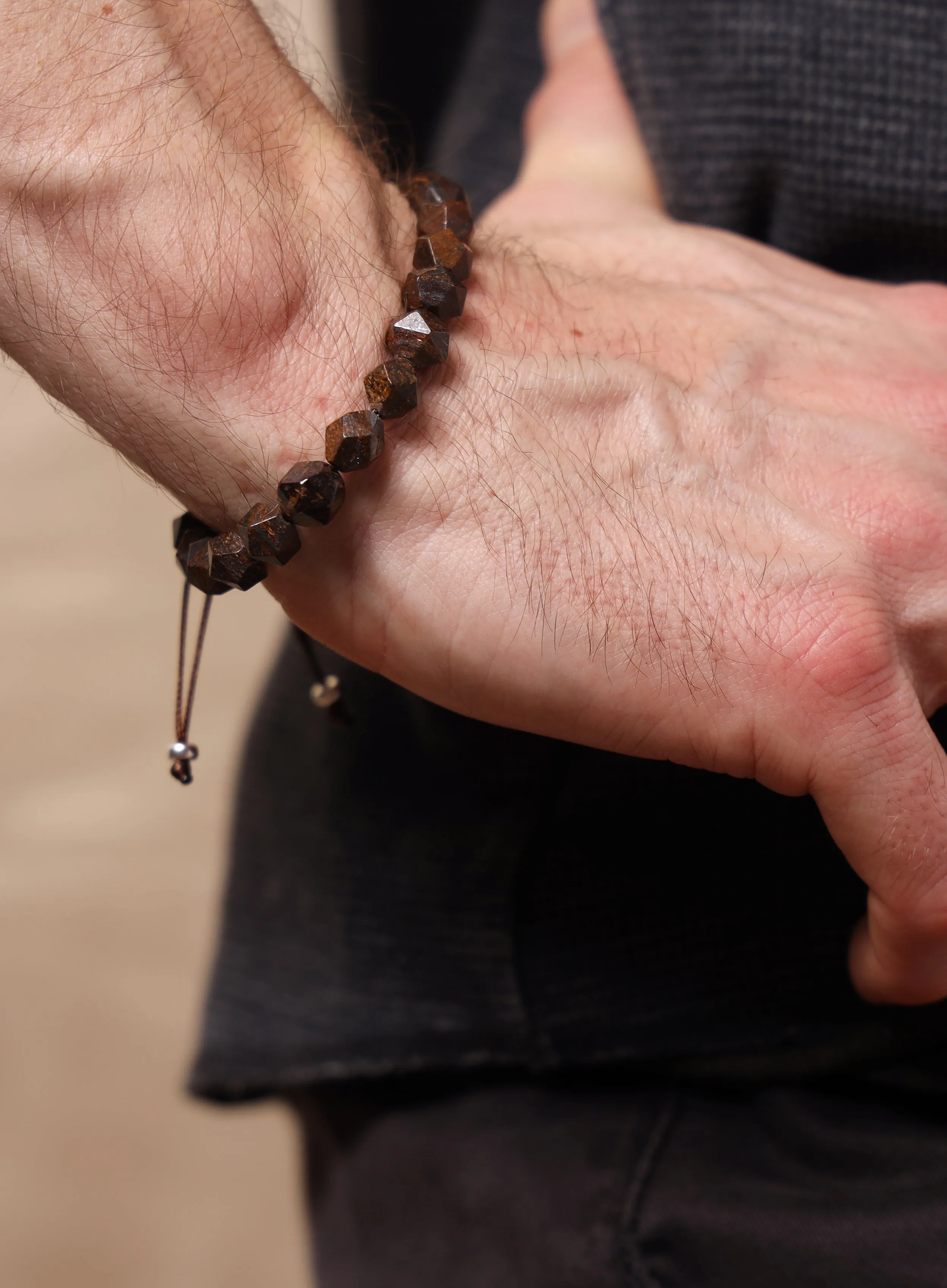 Geometric Bronzite and Sterling Silver Bead Bracelet for Men