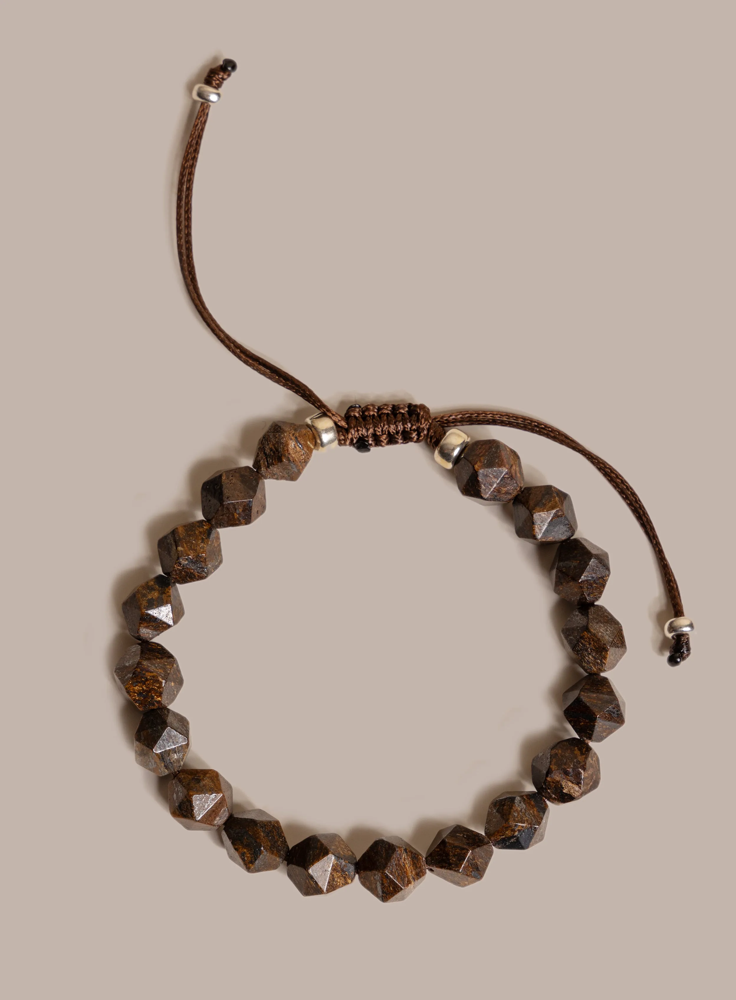 Geometric Bronzite and Sterling Silver Bead Bracelet for Men