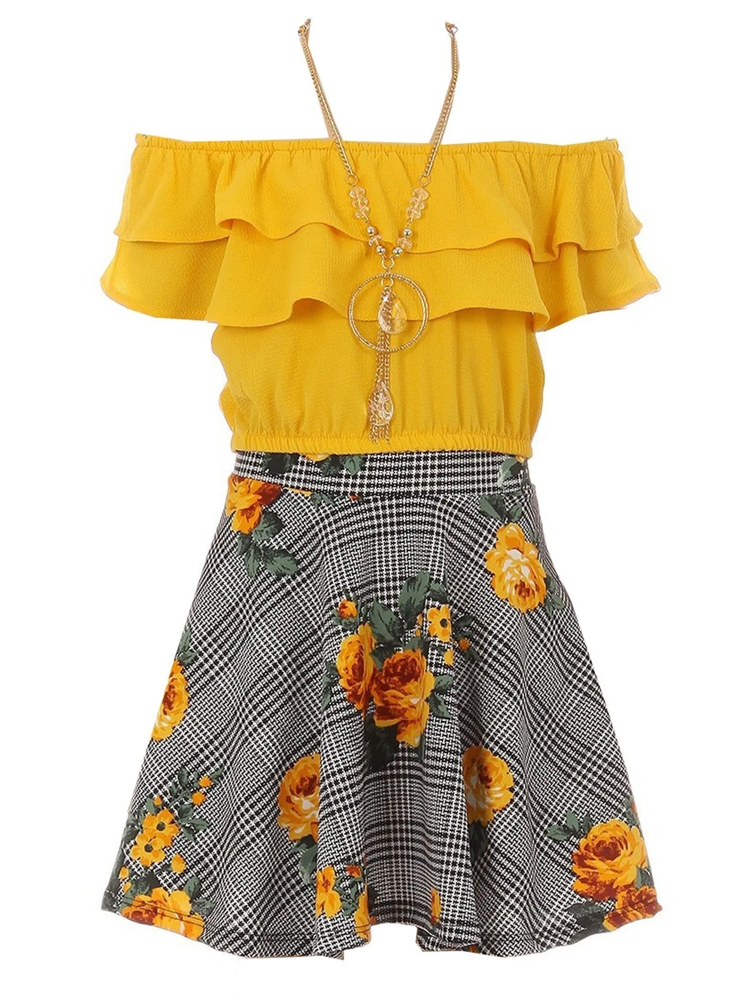 Girls Multi Colors Solid Top Necklace Checkered Floral Skirt Set 4-14