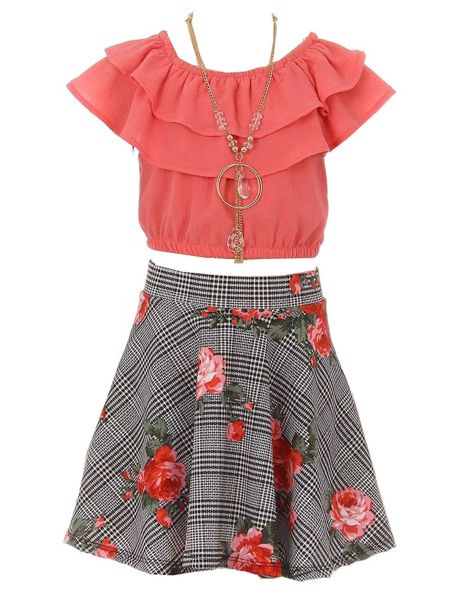 Girls Multi Colors Solid Top Necklace Checkered Floral Skirt Set 4-14