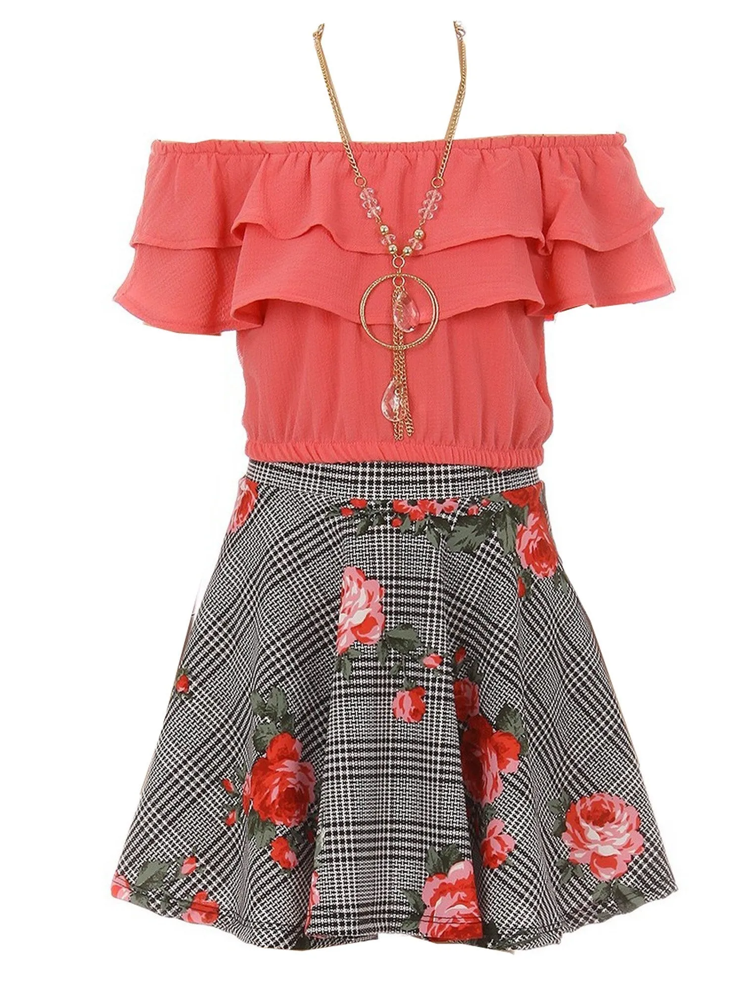 Girls Multi Colors Solid Top Necklace Checkered Floral Skirt Set 4-14