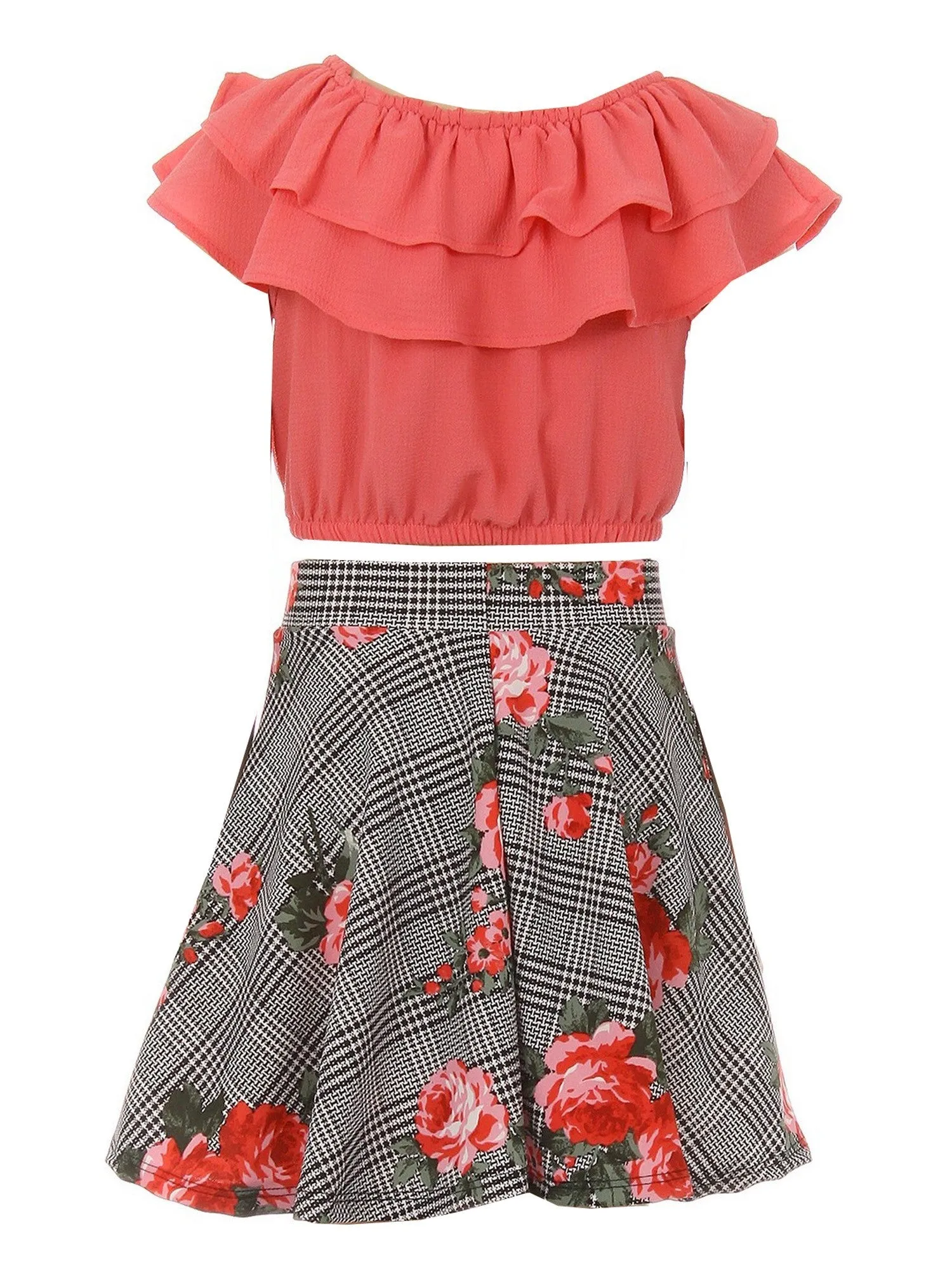 Girls Multi Colors Solid Top Necklace Checkered Floral Skirt Set 4-14