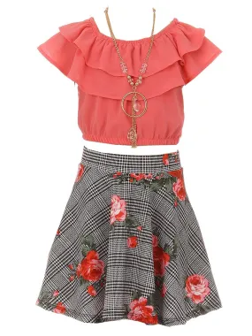 Girls Multi Colors Solid Top Necklace Checkered Floral Skirt Set 4-14