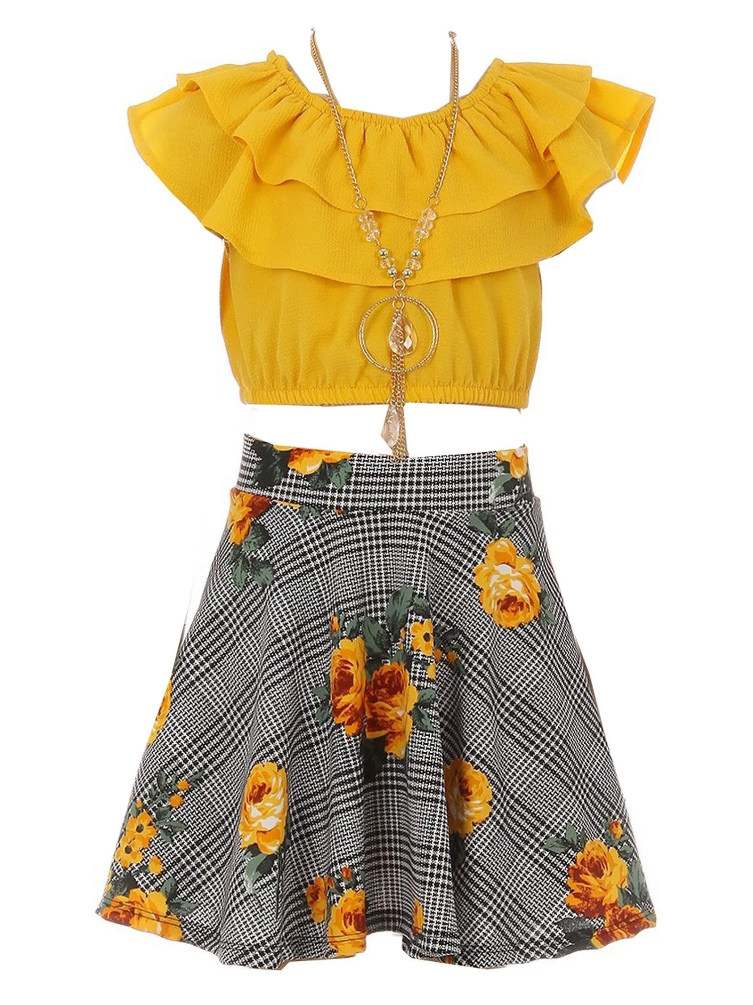 Girls Multi Colors Solid Top Necklace Checkered Floral Skirt Set 4-14