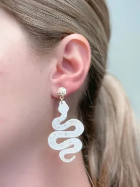 Gold & Leather Snake Drop Dangle Earrings - White
