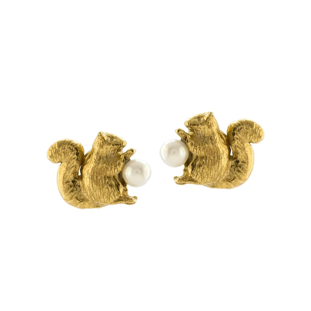Gold Vermeil Stud Earrings - "Squirrels with Pearls"