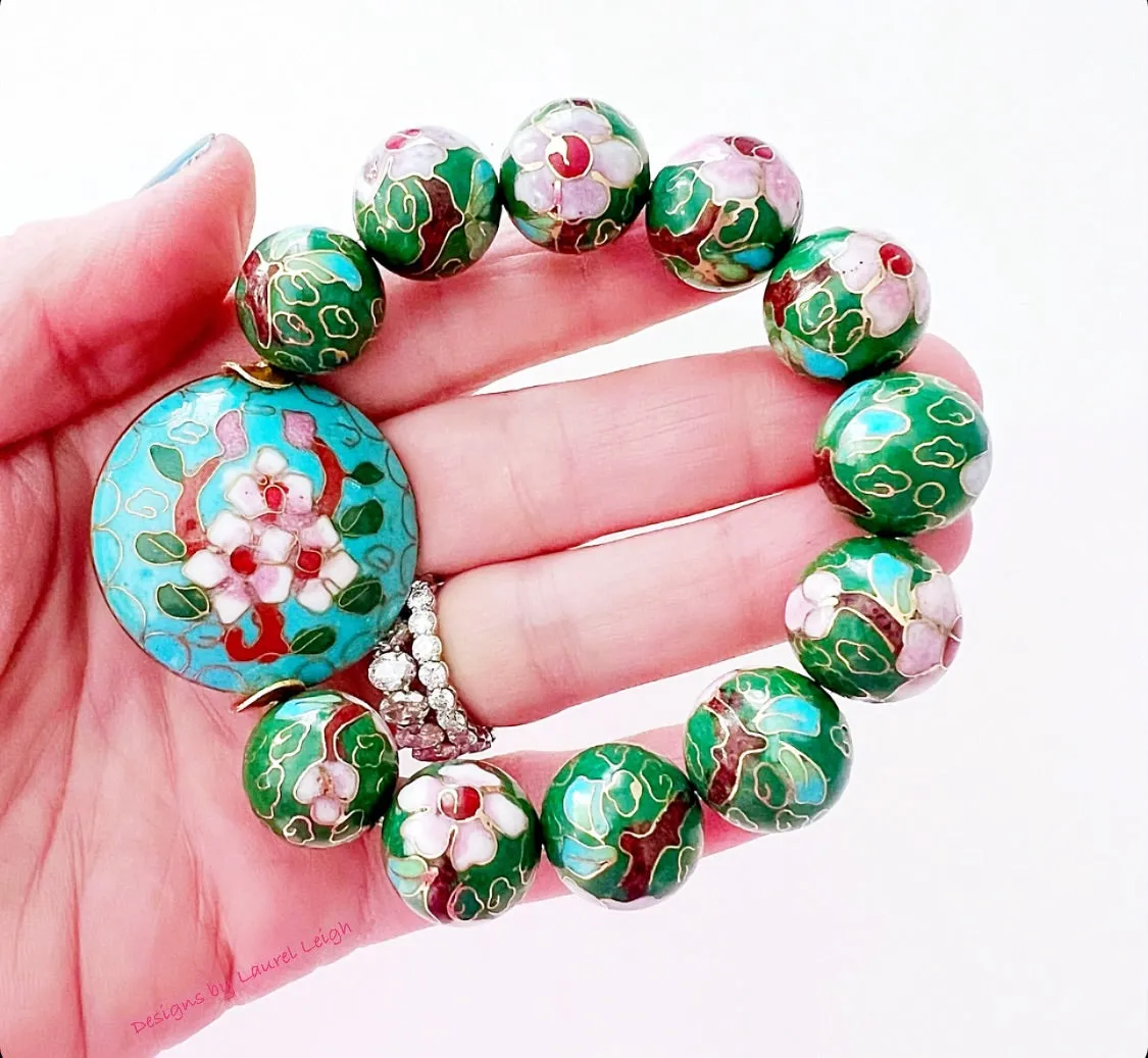 Green Floral Chinoiserie Cloisonné Bracelet