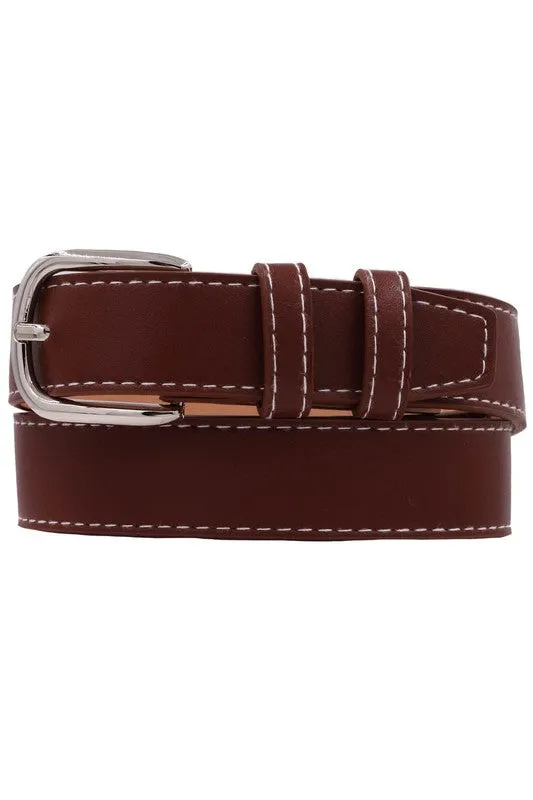 Greer Contrast Stitched Rectangle Buckle Belt Cognac