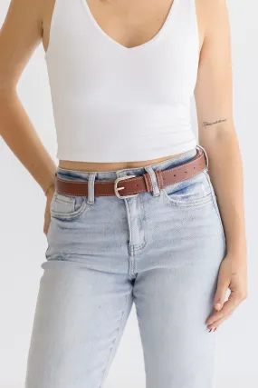 Greer Contrast Stitched Rectangle Buckle Belt Cognac