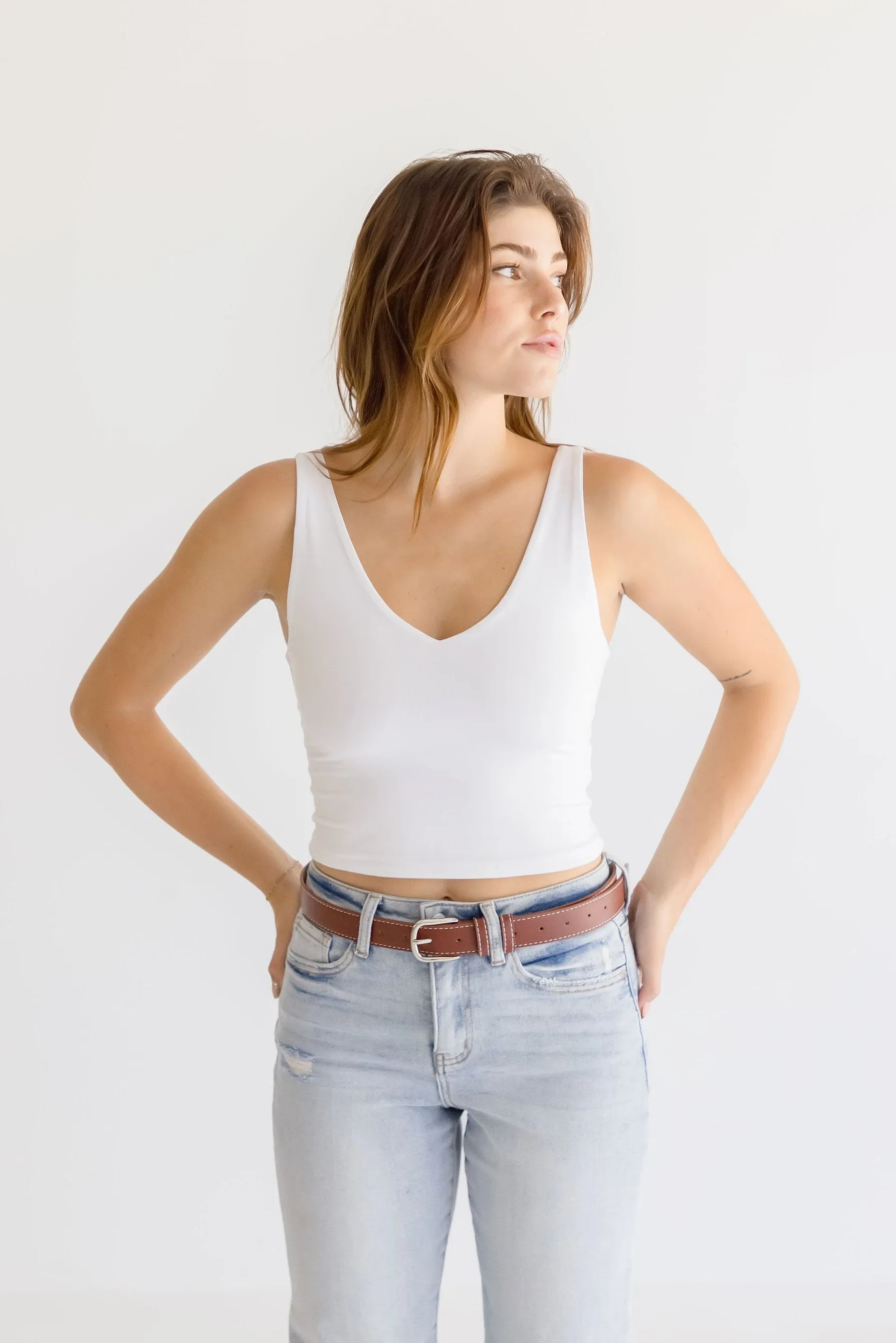 Greer Contrast Stitched Rectangle Buckle Belt Cognac