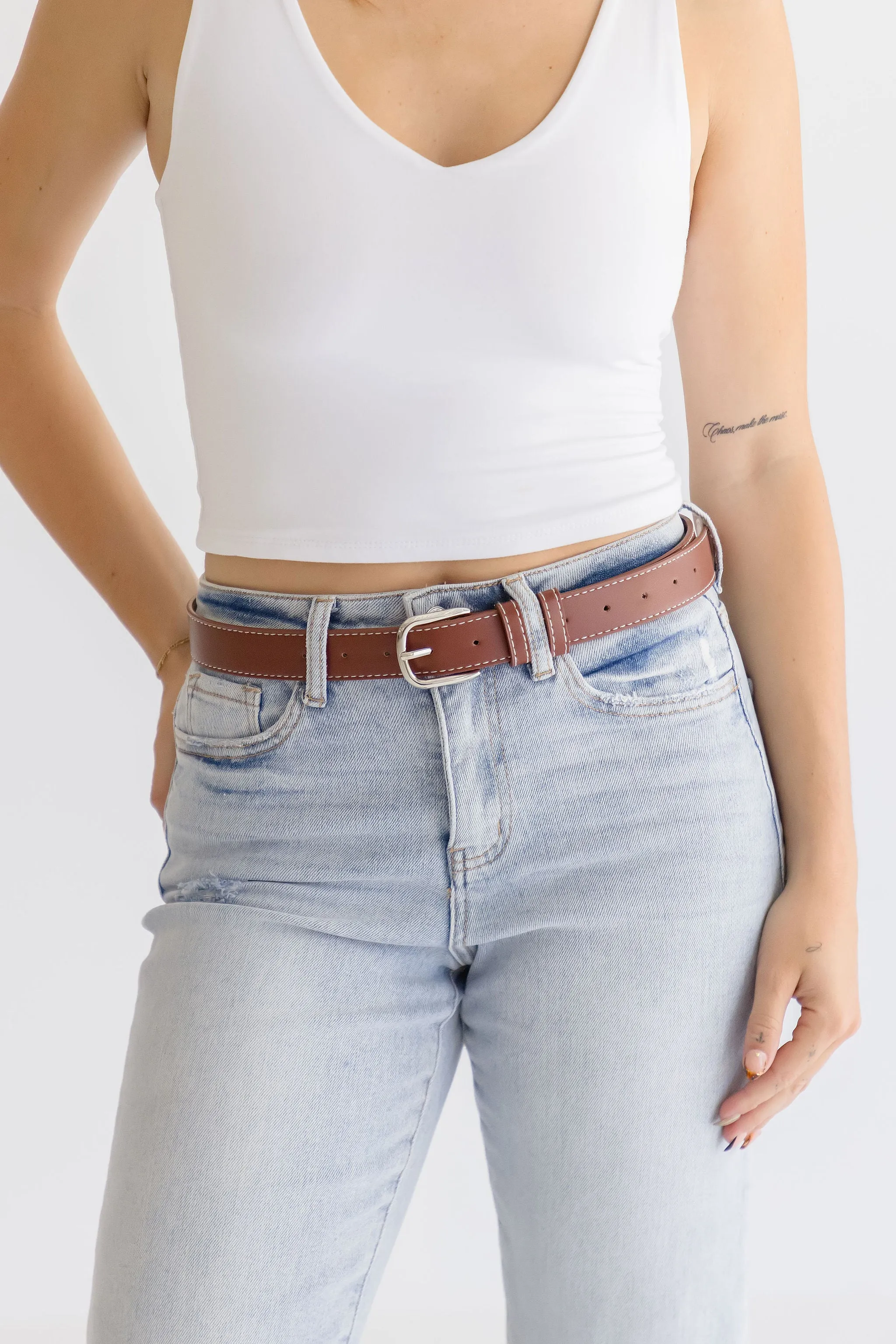 Greer Contrast Stitched Rectangle Buckle Belt Cognac