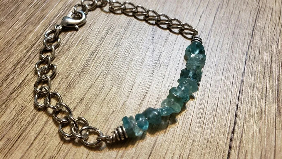 Hand Crafted All Natural Apatite Gemstone & Chain Adjustable to 7.5" Bracelet with Lobster Claw Clasp