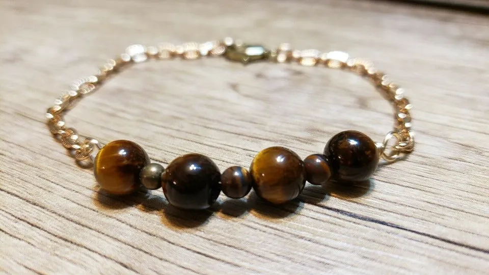 Hand Crafted Tiger's Eye & Gold Tone Chain Adjustable to 8.5" Bracelet with Lobster Claw Clasp