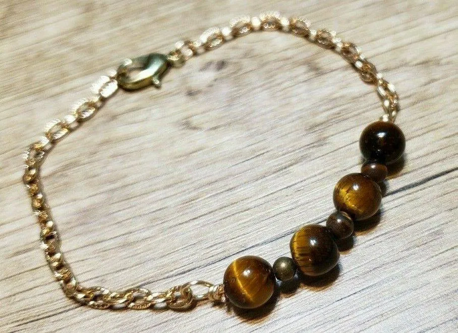 Hand Crafted Tiger's Eye & Gold Tone Chain Adjustable to 8.5" Bracelet with Lobster Claw Clasp