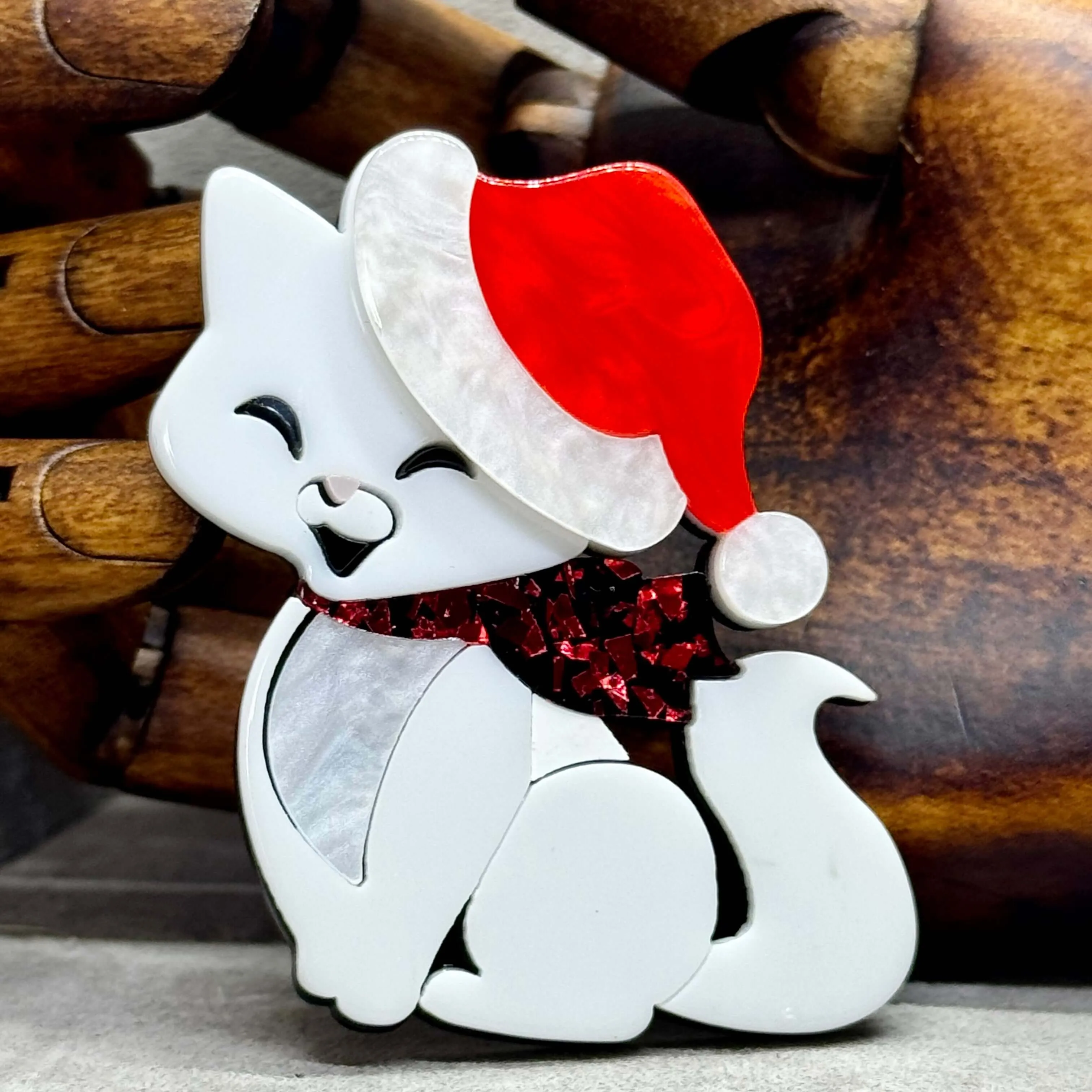 Handmade Acrylic Art Brooch - The Festive Feline Cat